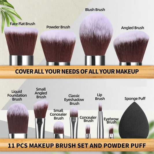BS-MALL Professional Makeup Brush Set, 11 Pieces with Sponge Puffs and Travel Case, Bamboo Handle Brushes for Foundation and Eye Makeup (Style, Count, 12)