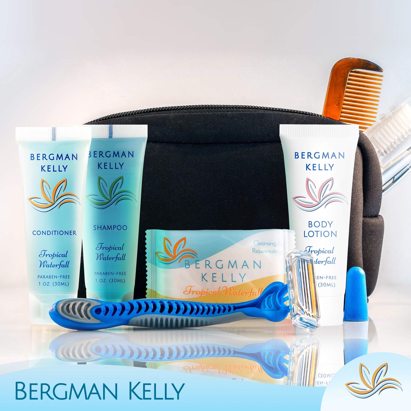 BERGMAN KELLY Hotel Toiletries Bundle (Tropical Waterfall, 1 oz each, 200 Pieces) 4-Piece Set: 50 Rectangular Bar Soap, 50 Shampoo, 50 Conditioner & 50 Body Lotion - Bulk Mini Guest Amenities