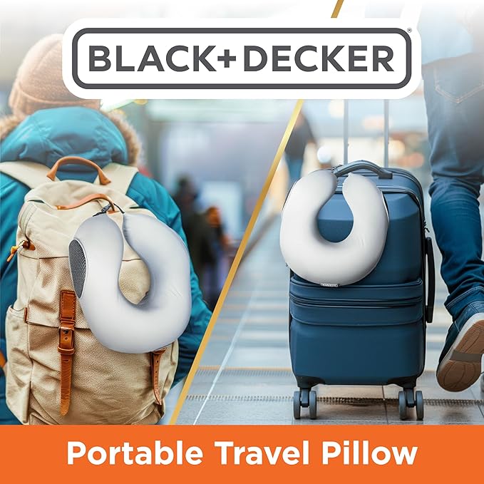 BLACK+DECKER Memory Foam Travel Neck Pillow Travel Pillow for Plane, Car & Train| Ice Silk Cooling Fabric, Ergonomic Design, Neck Support, Washable Cover,Grey