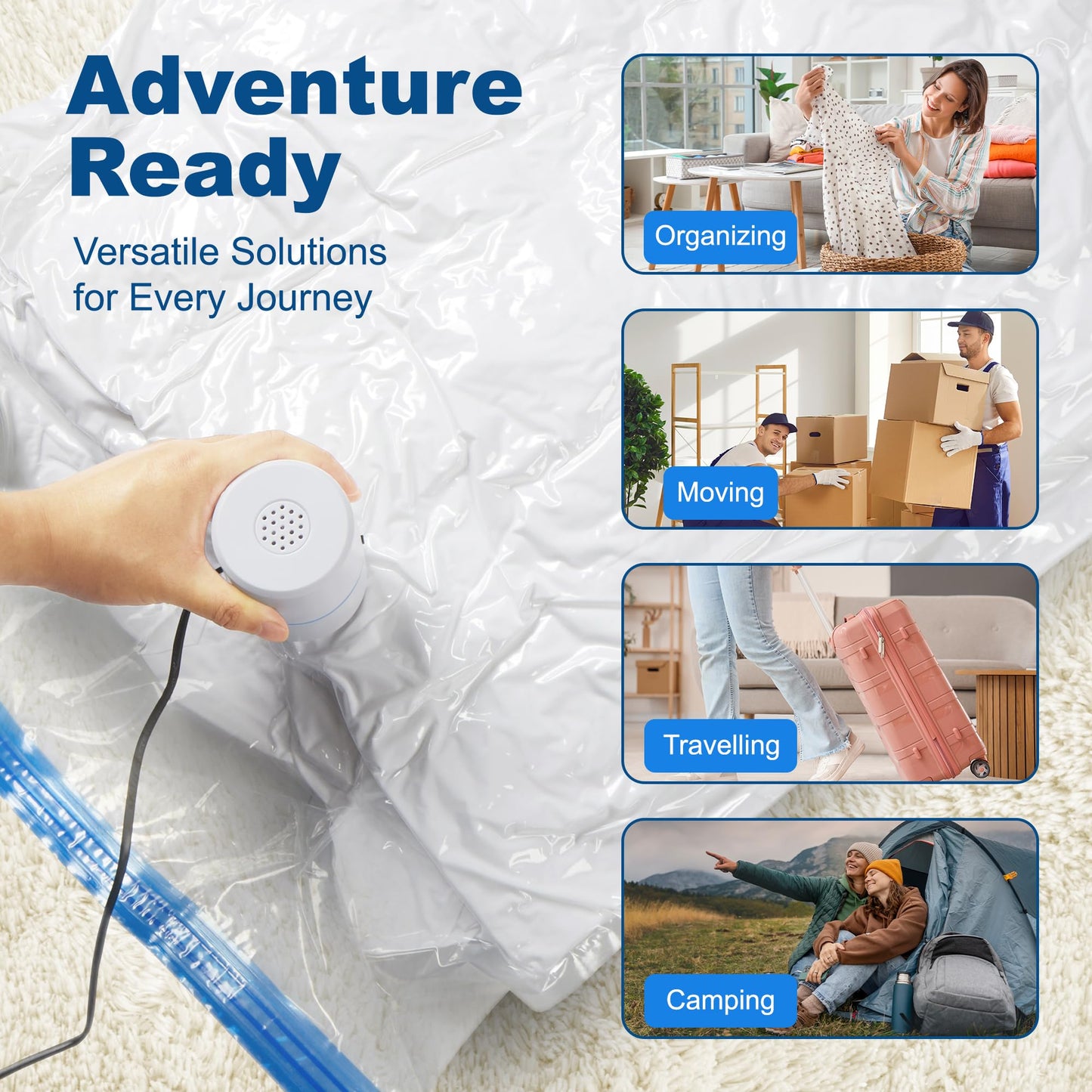 HOUSE DAY 18 Pack Vacuum Storage Bags with Electric Pump, Valve, Space Saver Vacuum Seal Bags for Clothing, Comforters, and Travel Essentials 3 Jumbo,3 Large,3 Medium,3 Small/3 Small,3 XS Roll Up Bag