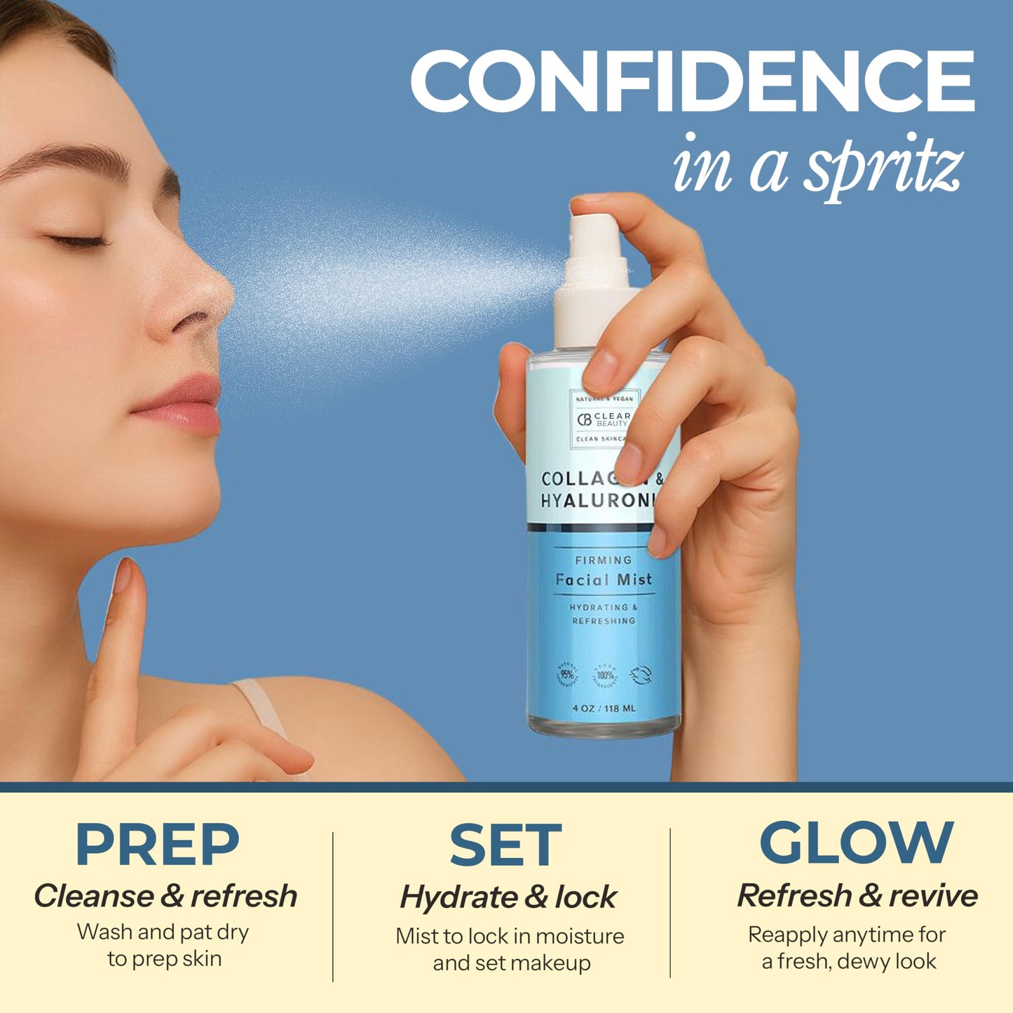 Clear Beauty Hyaluronic Acid & Collagen Face Mist - Dermatologist Tested, Moisturizes & Tones Skin, Anti-Aging, Natural Ingredients, Cruelty-Free, 95% Natural - All Skin Types - 4 OZ