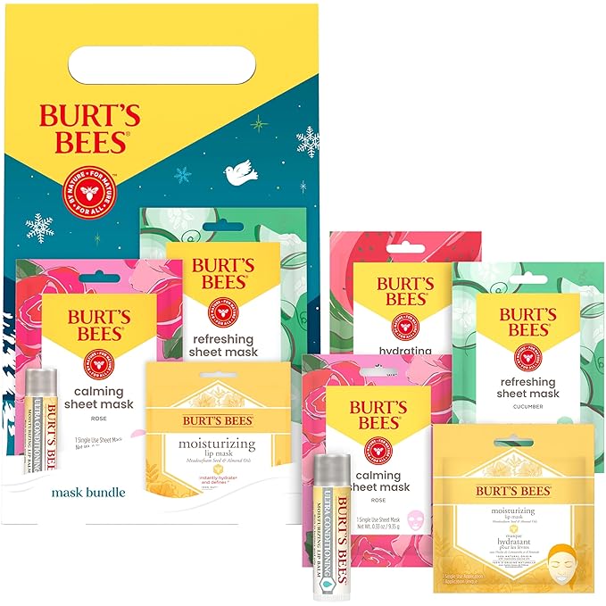 Burt’s Bees® Mask Bundle Gift Set; Moisturizing Lip Mask, Ultra Conditioning Lip Balm, Refreshing Sheet Mask, Calming Sheet Mask; Festive Packaging; 1 Gift Set (Pack of 6)