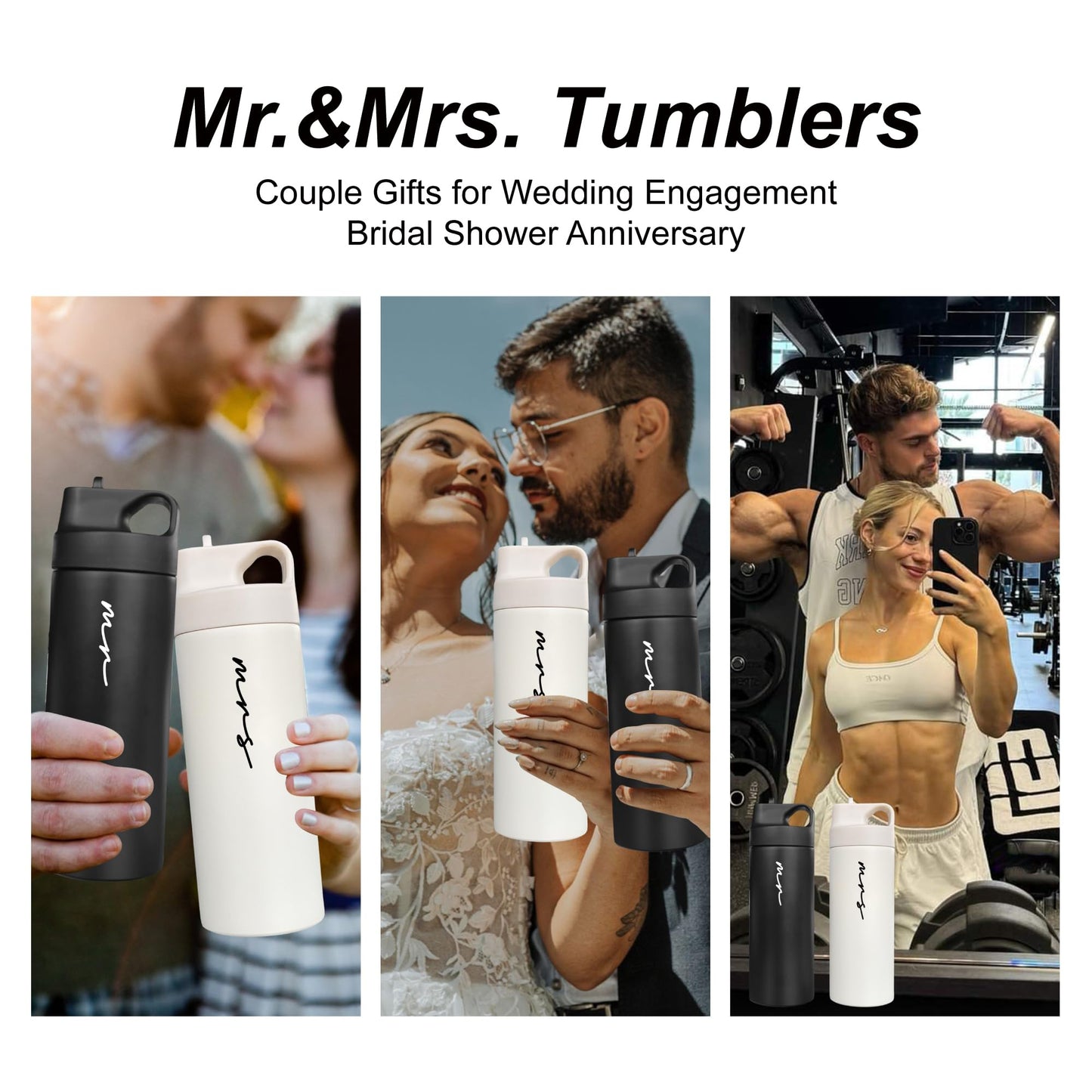 Mr&MrsGifts Couples Gifts Travel Tumblers Set of 2 Mr and Mrs Honeymoon Travel Mugs 16oz Double-Walled Insulated Cups for Wedding Bridal Shower Gifts(XZ-MM)