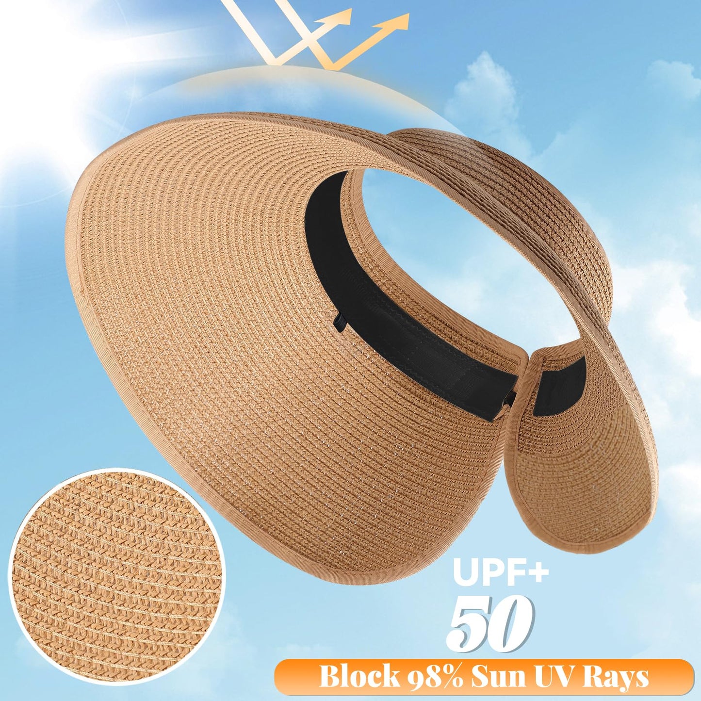 Sun Hats Visor for Women, UV UPF Straw Beach Hat Foldable Wide Brim Ponytail Summer Hats Packable Travel Khaki