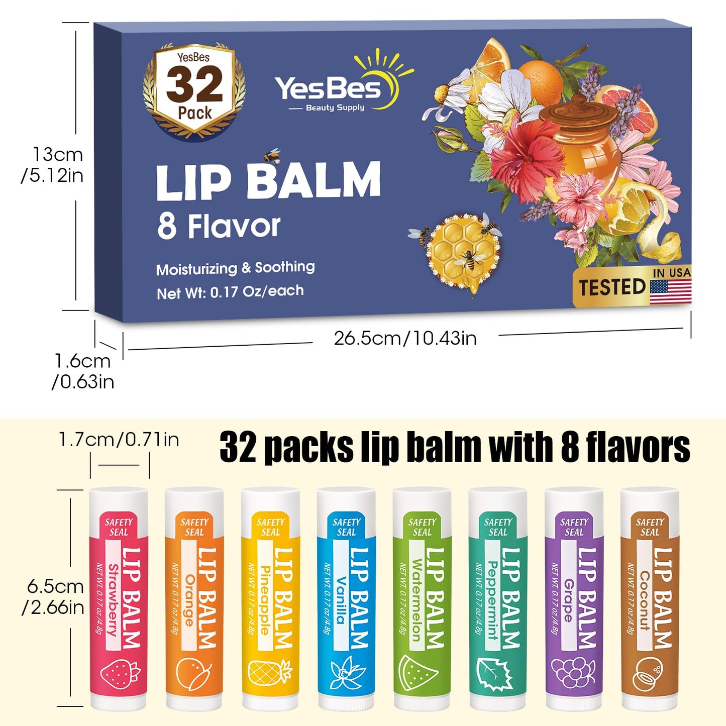 YesBes 32 Pack Lip Balm, Natural Lip Balm Bulk with Vitamin E and Coconut Oil, Moisturizing Lip Balms for Dry Cracked Lips, Lip Balms for Stocking Stuffers - 8 Flavors