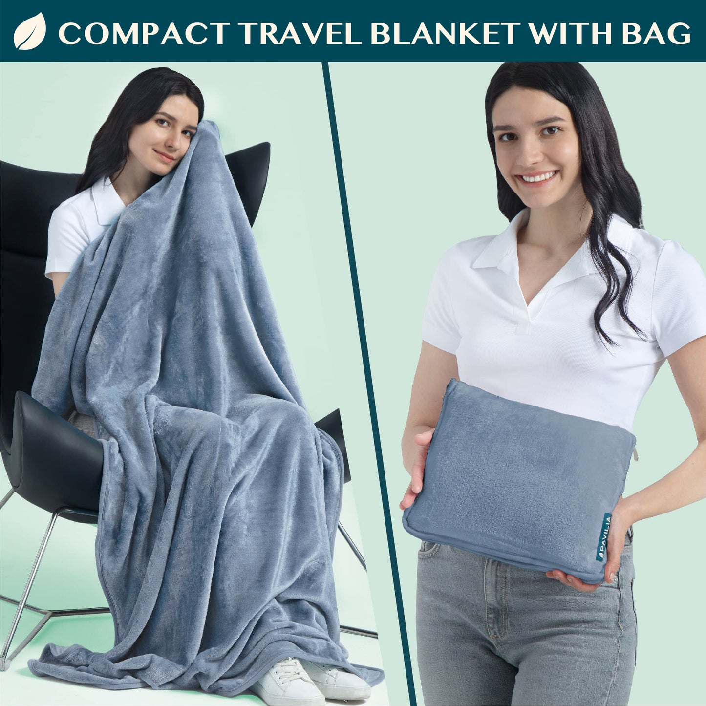PAVILIA Travel Blanket Pillow, Soft Airplane Blanket 2-IN-1 Combo Set, Plane Blanket Compact Packable, Flight Essentials Car Pillow, Travelers Gift Accessories Luggage Backpack Strap, 60x43 Slate Blue