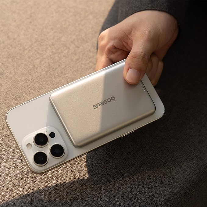 Baseus Picogo Power Bank, 0.3" Ultra Slim 5000mAh MagSafe Portable Charger, Card-Size Magnetic Battery Pack with USB-C Braided Cable, Alloy Wireless Charger for iPhone 17 Pro Max/17 Air/16/15/14/13/12