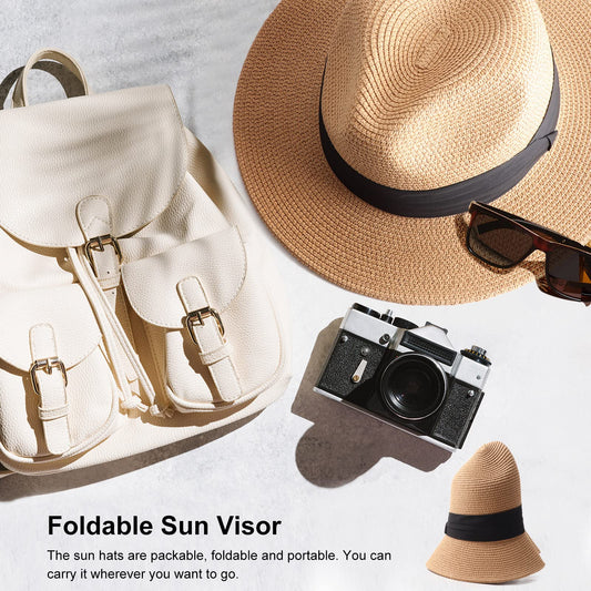 DRESHOW Women Straw Panama Hat Travel Fedora Beach Sun Hat Summer Wide Brim Straw Roll up Hats UPF 50+