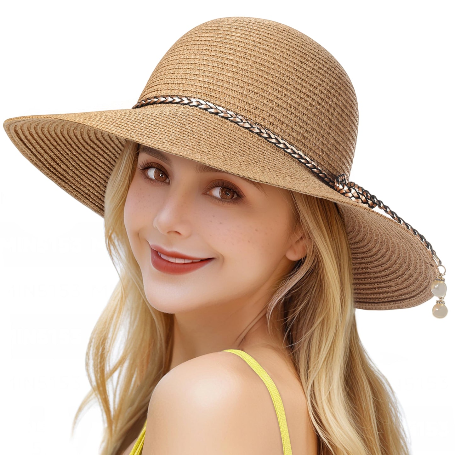 Womens Beach Sun Straw Hat - UV Protection UPF 50+ Sun Hats for Women with Wide Brim, Foldable Floppy Straw Beach Hat for Women