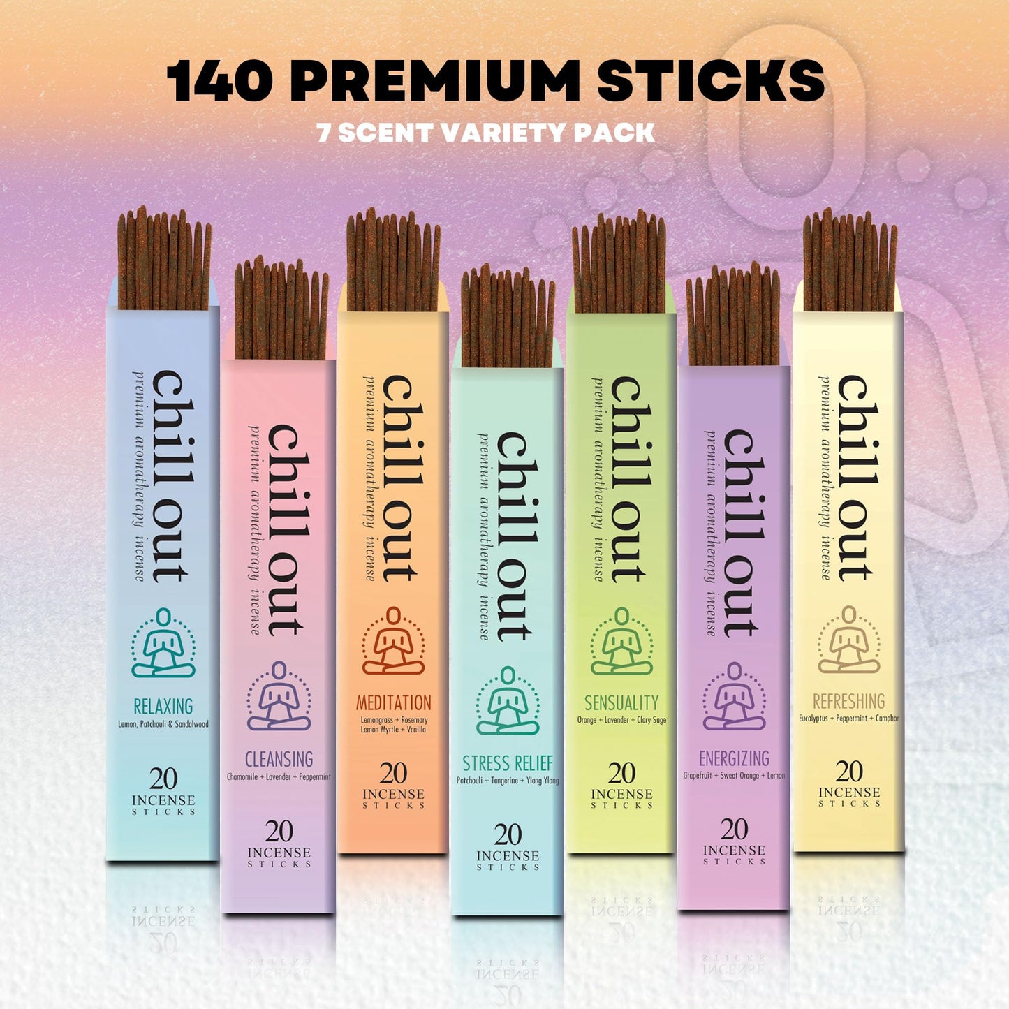 Mecka Chill Out Aromatherapy Incense Sticks Gift Set | Set of 7 Unique Scents- 140 Insence-Sticks for Yoga, Relaxation, Meditation & Positivity | Premium Organic and Slow Burning Insenses