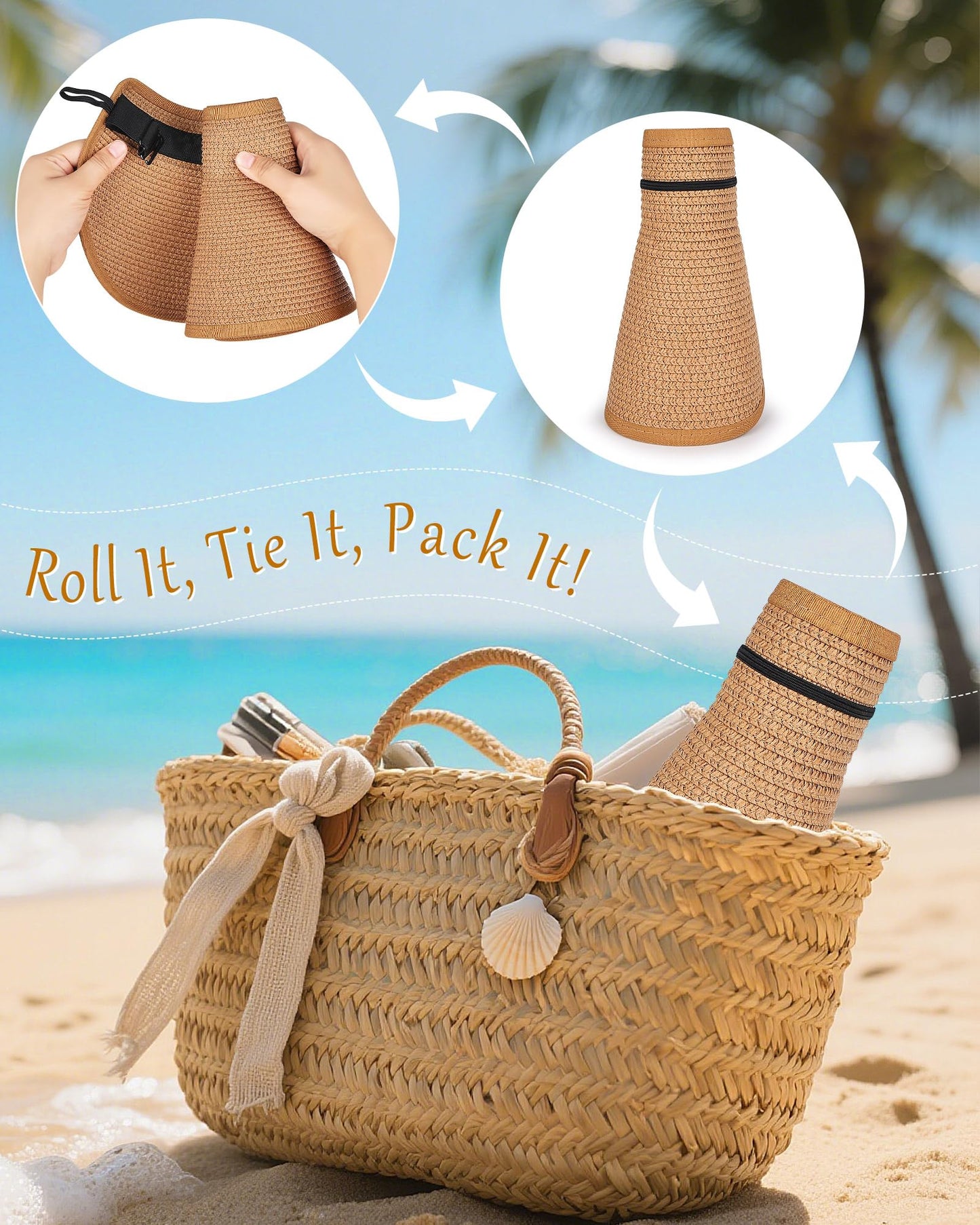 YANIKY Sun Visor Hat for Women, Wide Brim Straw Visors Beach Hat Roll Up Foldable Beach Visors Summer UV Protection (US, Alpha, One Size, Khaki)