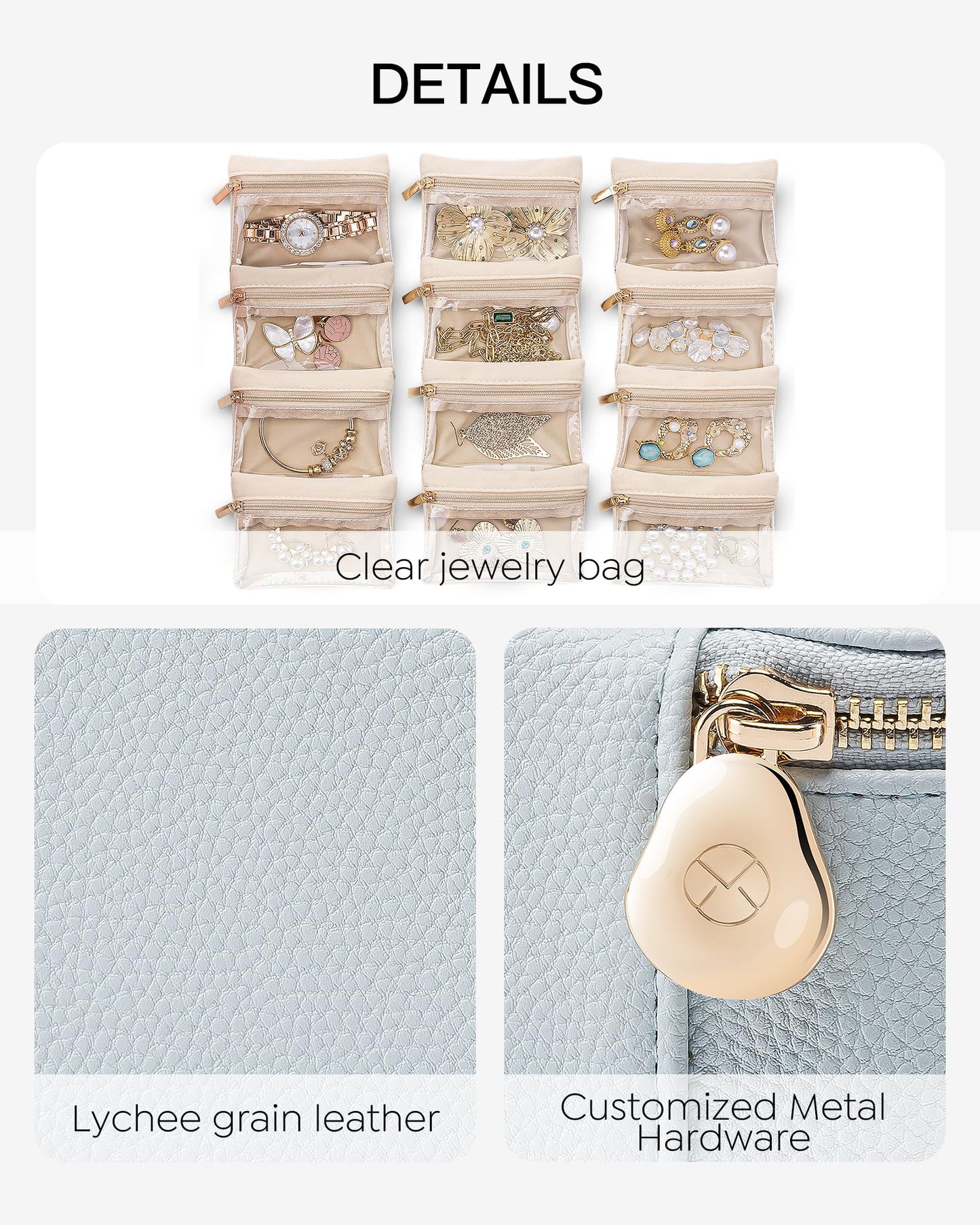 Vlando Travel Jewelry Case,Jewelry Organizer with 12 Pcs Velvet Jewelry Pouches, PU Leather Jewelry Box for Travel Accessories Birthday Christmas Gifts for Women Girls-Baby Blue