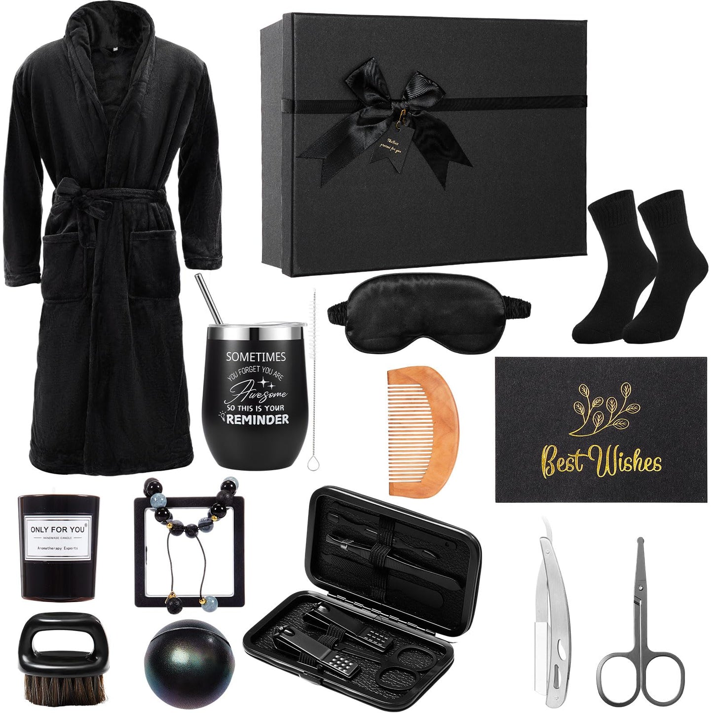 Nuogo 15 Pcs Birthday Gifts for Men Beard Care Set for Him Christmas Gifts Basket Ideas Kit for Men Tumbler Bath Robe for Dad Husband Boyfriend Box Christmas Gifts Baskets