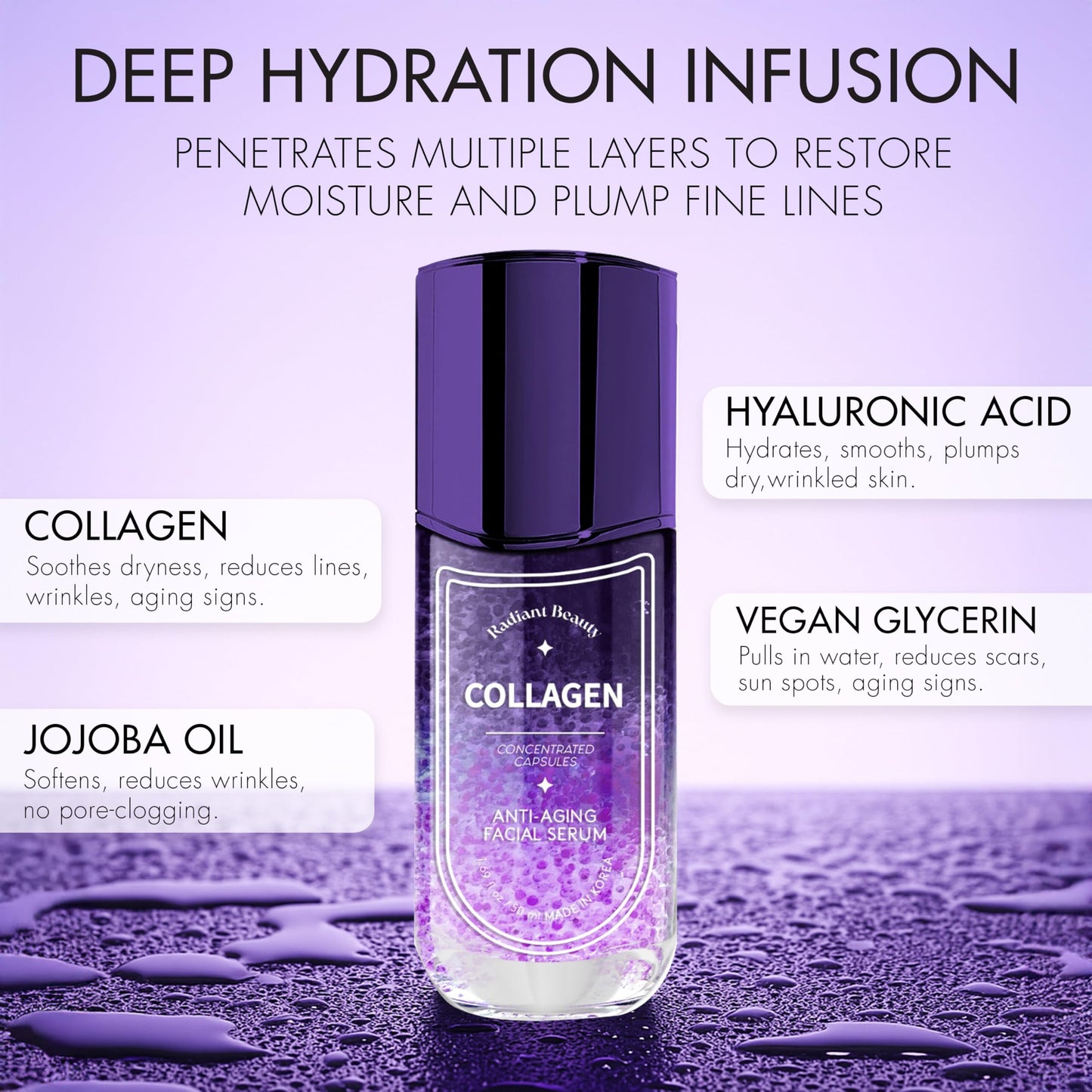 Radiant Beauty Collagen Anti-Aging Facial Serum - Deeply Moisturizing & Smoothing, Diminishes Dark Spots & Wrinkles - Dermatologist Tested, Korean Skin Care - 50mL / 1.69 fl.oz