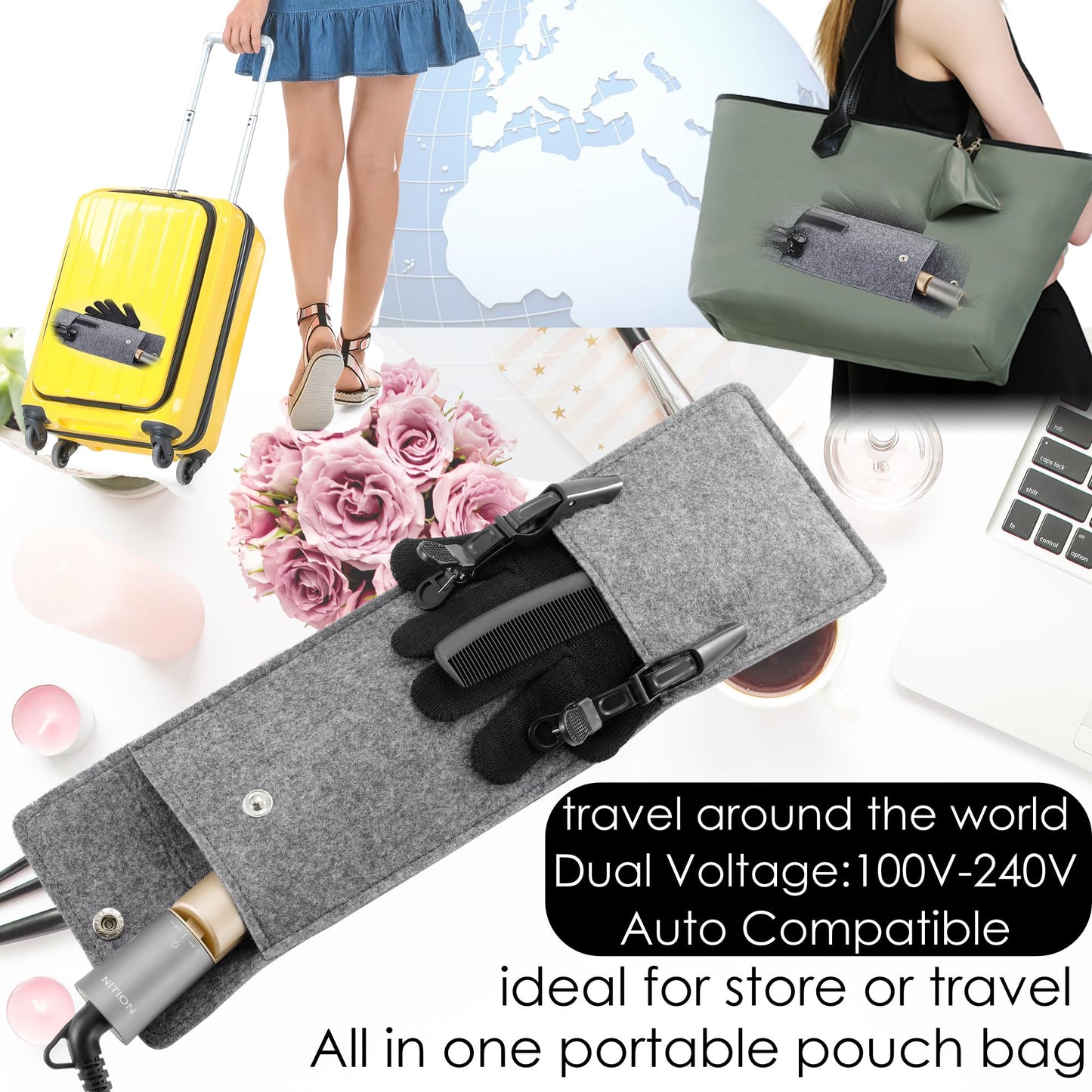 NITION Ceramic Tourmaline Hair Straighteners LCD Flat Iron MCH Fast Heating Up. Healthy Home Straightening Styling Tools with Travel Pouch Bag. 265-450°F Adjustable. 1" Smooth 3D Plate. Dual Voltage