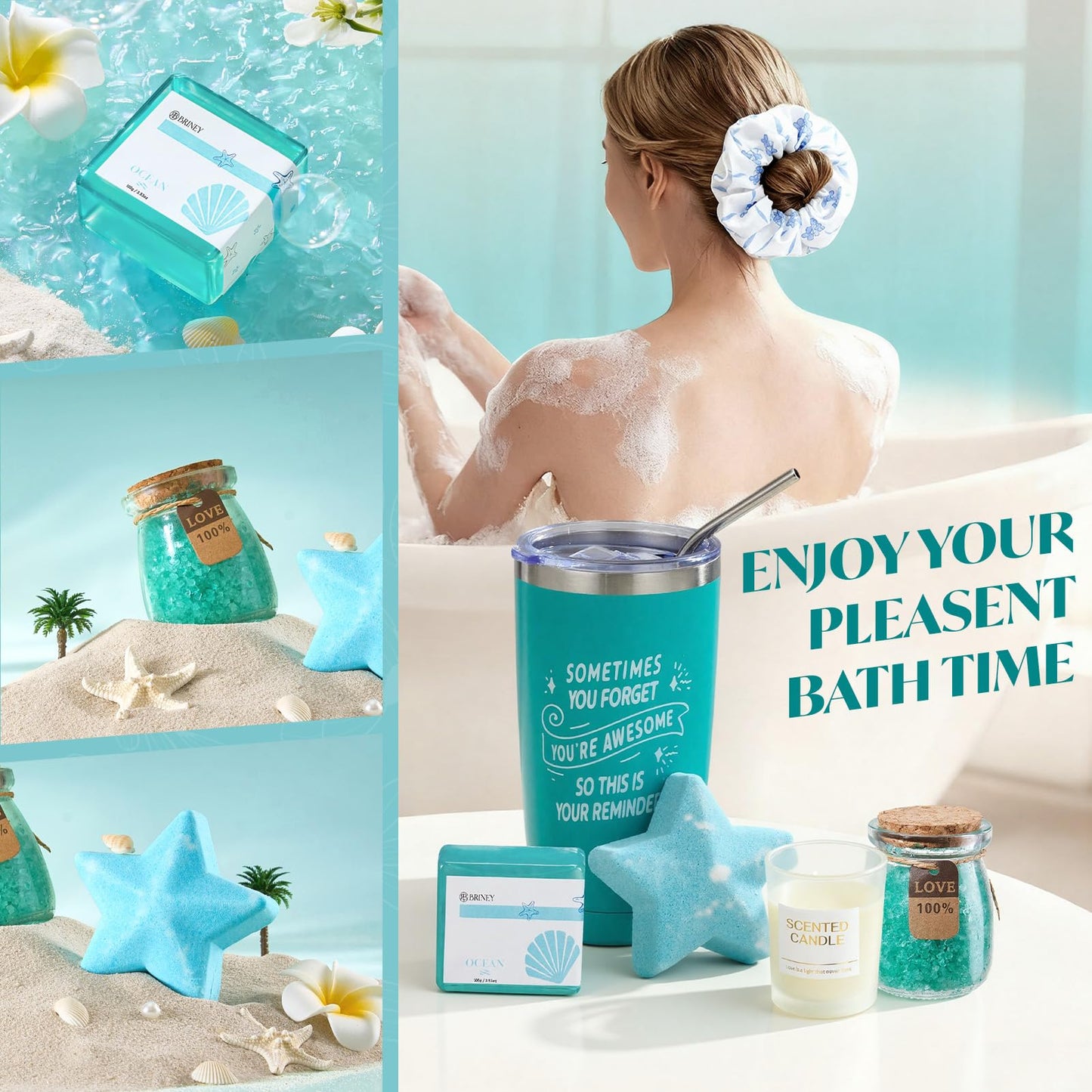 Briney 13Pcs Birthday Gifts for Women, Care Package for Women, Gift Basket, Unique Relaxing Ocean Themed Present for Mom Wife Sister Best Friend, Blue