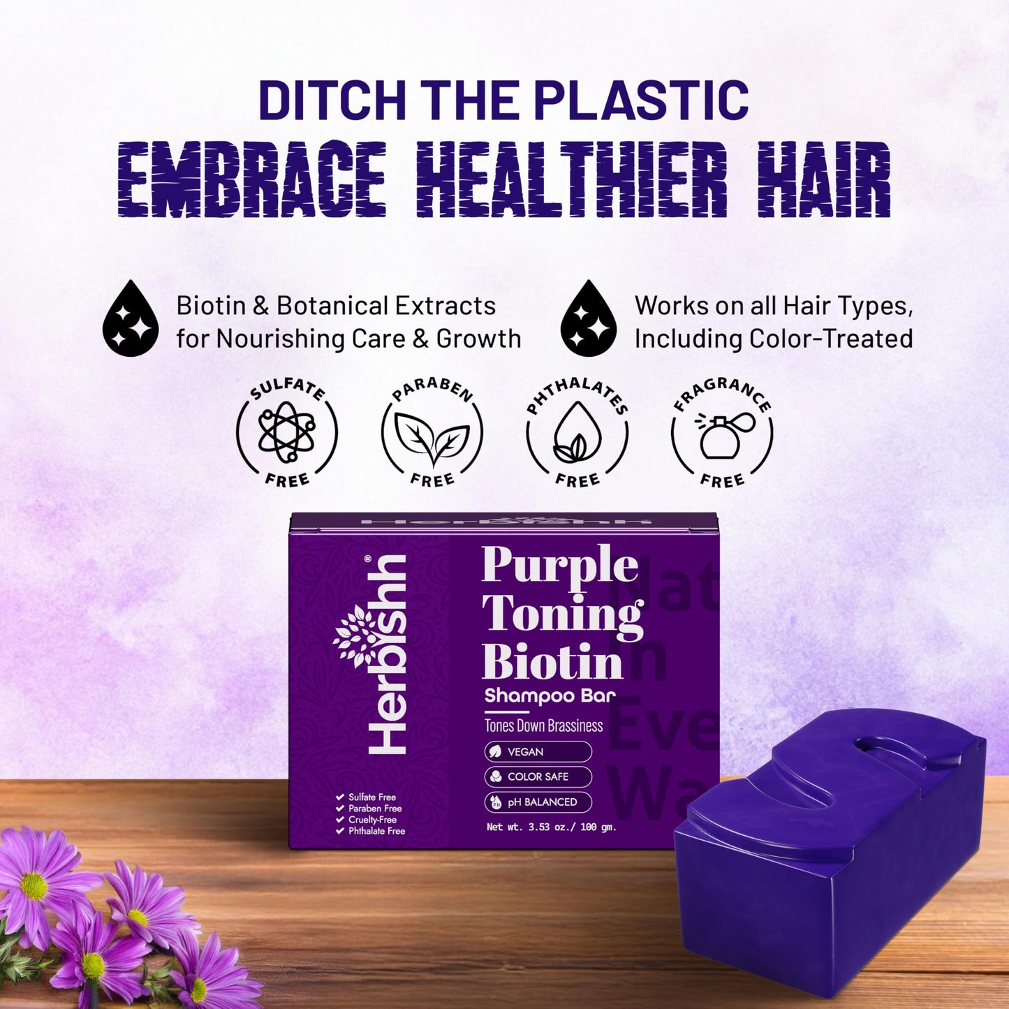 Herbishh Purple Shampoo Bar for Blonde Hair with Biotin – Solid Bar to Neutralize Brassy Tones, Strengthen & Add Shine, For Grey Coverage, Color-treated & Highlighted Hair Vegan & Sulfate-Free 3.53 oz
