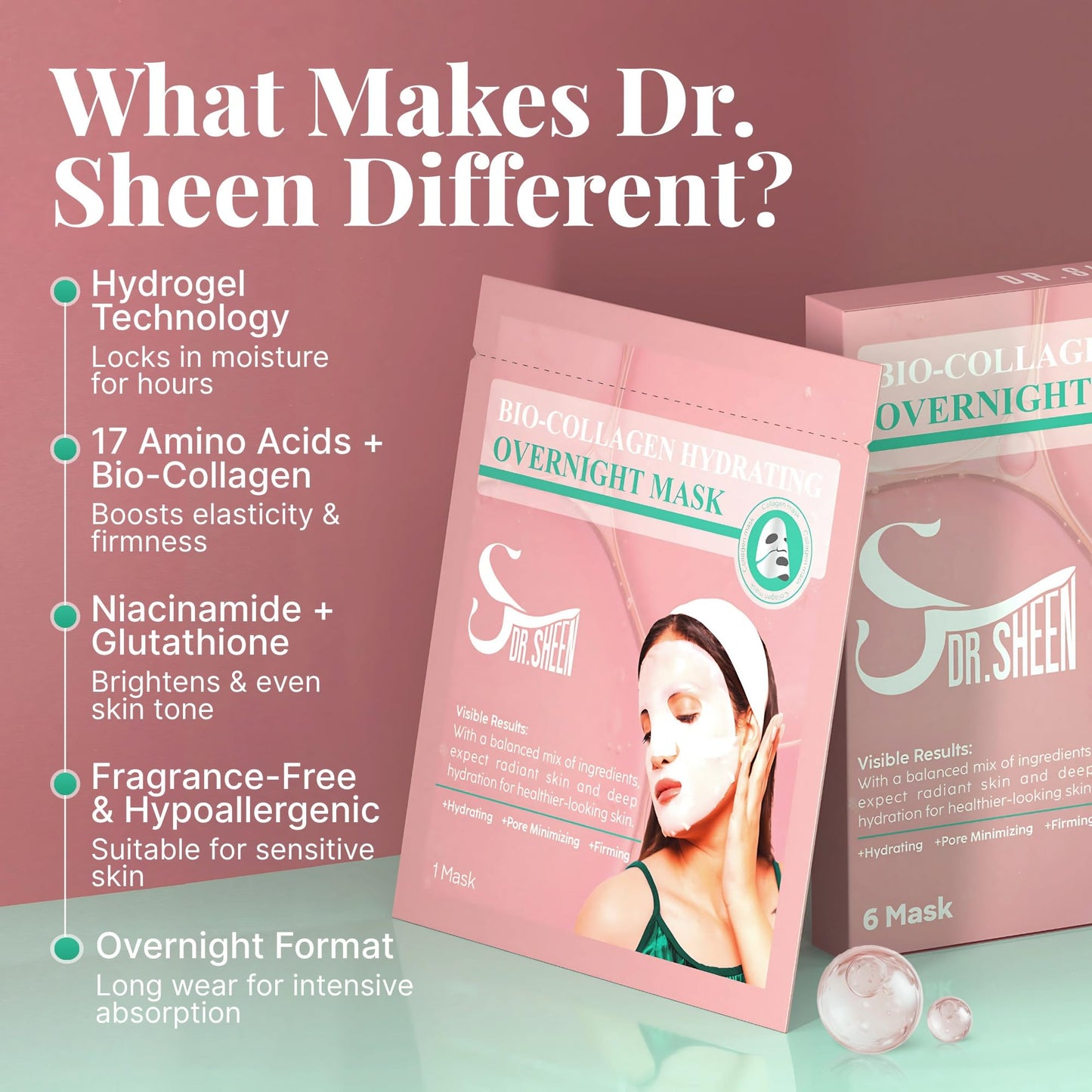 Bio Collagen Face Mask Overnight, 6 Pack – Hydrogel Korean Face Masks, Hydrating Collagen Mask for All Skin Types, Anti-Aging Face Masks Skincare, Deep Moisturizing, Improves Elasticity & Radiance