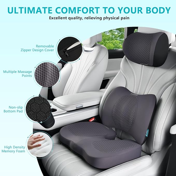 FLORICH 3 PCS Seat Cushion for Carseat Lumbar Support Pillow Car Neck Headrest Pillows Memory Foam Seat Pads Pressure Relief Back Cushion for Office Chair(Grey)