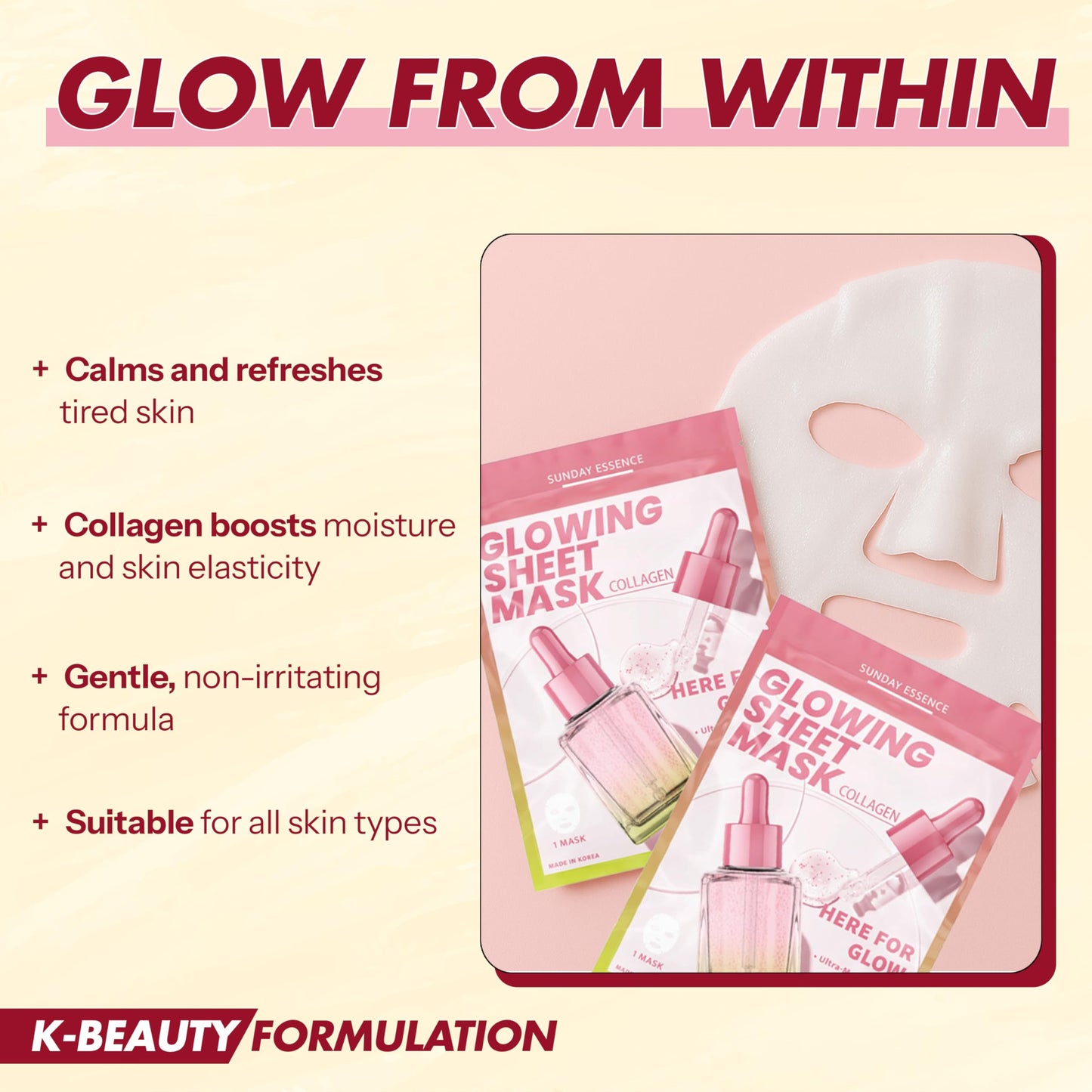 Sunday Essence Collagen Face Mask – Dermatologist Tested, Anti-Aging, Korean Skin Care, Firms Hydrates Strengthens Barrier – Clean Beauty Vegan Sheet Mask for Dry Sensitive Skin – 5 Sheets