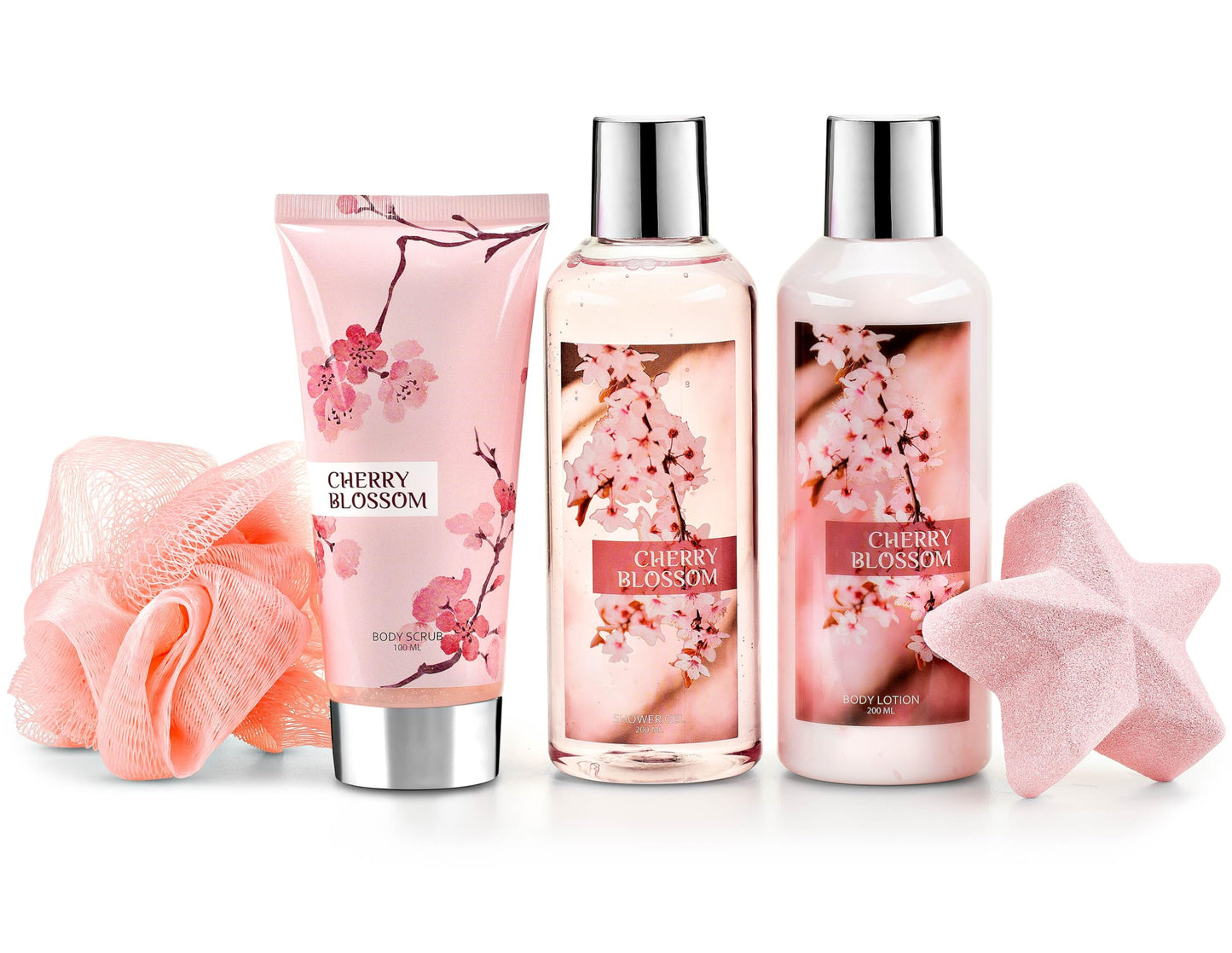 Freida & Joe Fragrance Bath & Body Collection Gift Box, Includes Shower Gel, Body Lotion, Body Scrub, Bath Bomb & Sponge (Japanese Cherry Blossom)