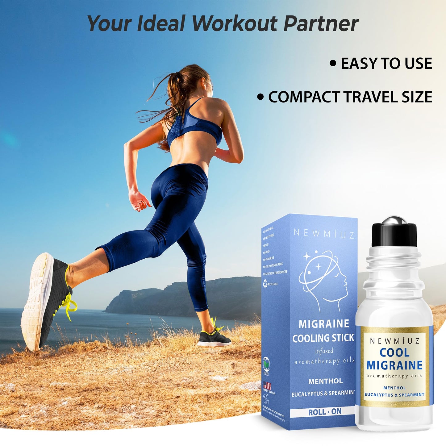 Cool Menthol Migraine Roll on Stick Natural Fast Cooling Peppermint Eucalyptus Aromatherapy Essential Oil for Headache Perfect Selfcare Gift Men Women