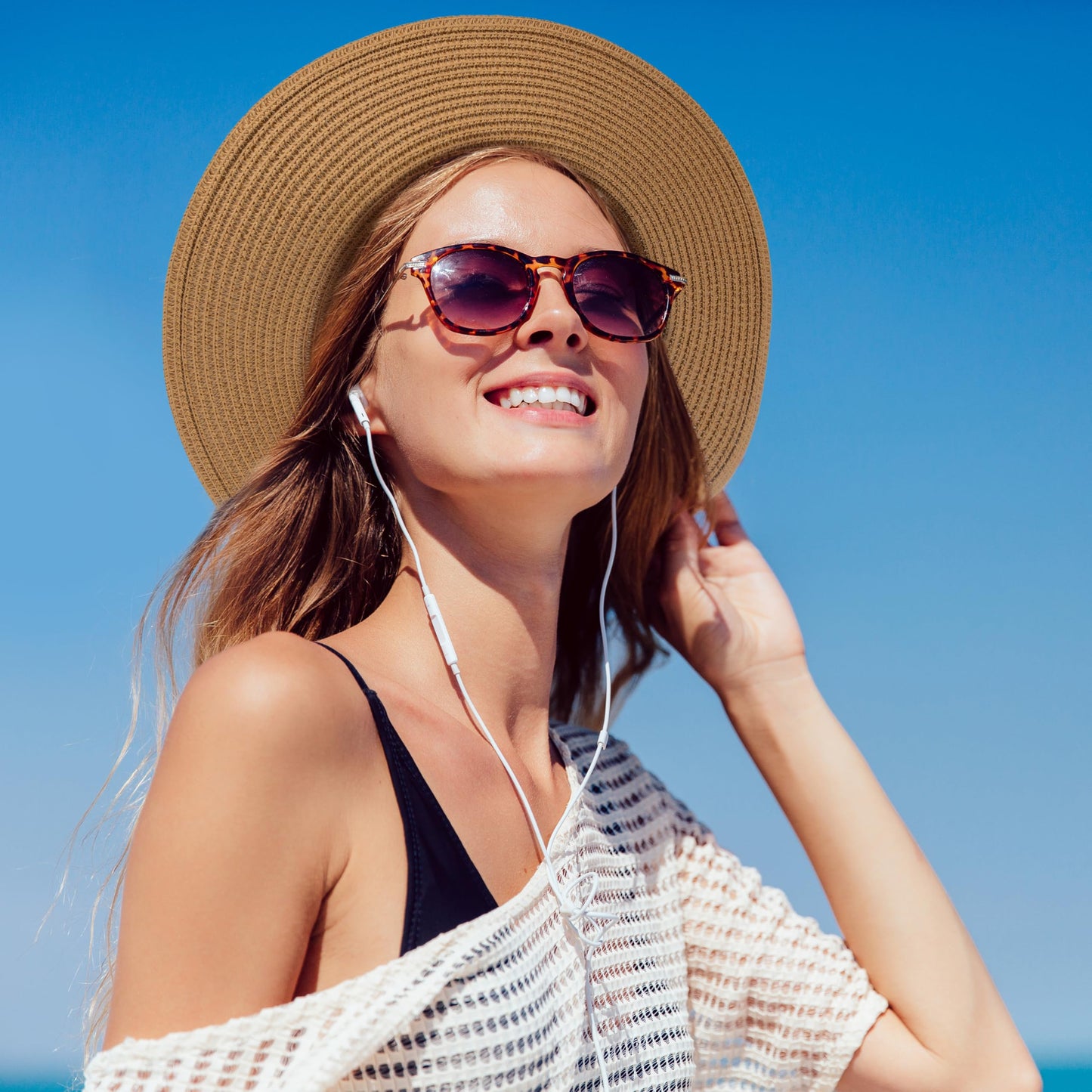 Womens Beach Sun Straw Hat - UV Protection UPF 50+ Sun Hats for Women with Wide Brim, Foldable Floppy Straw Beach Hat for Women