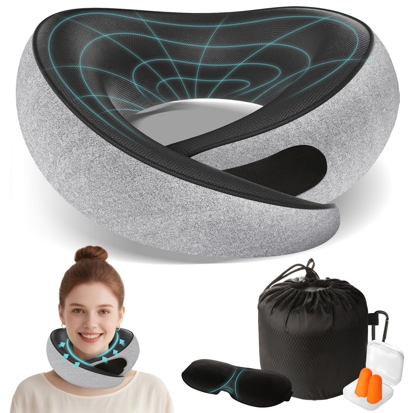 FIOGIKO Travel Neck Pillows for Airplanes - 360° Ergonomic Memory Foam Travel Pillow - Relief Neck Pain with Breathable Support for Long Flights, Car, Train & Office Use - Adults & Kids