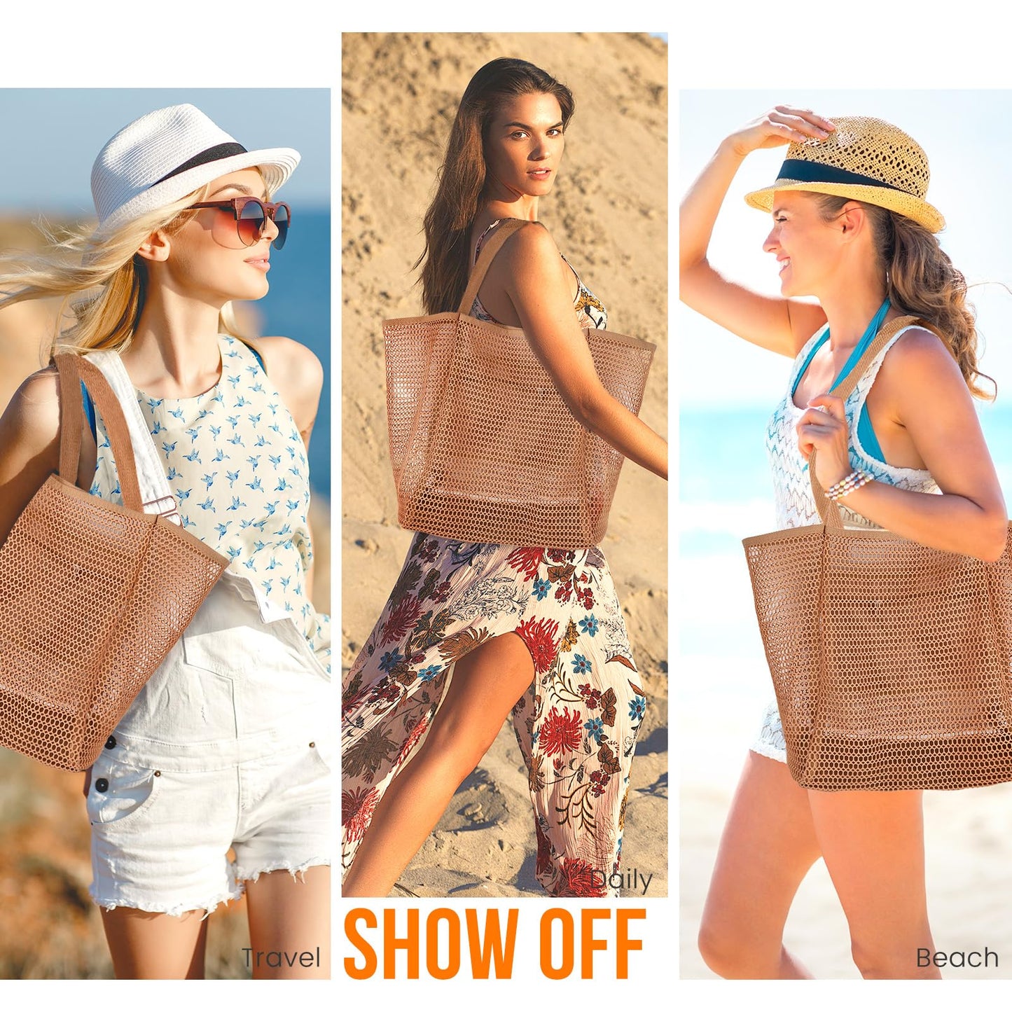 HOHOM Beach Bags for Women, Summer Travel Mesh Tote Bag with Large Inner Pocket, Sandproof Woven Shoulder Handbag Swim Pool Bag, Suit for Family Vacation Essentials