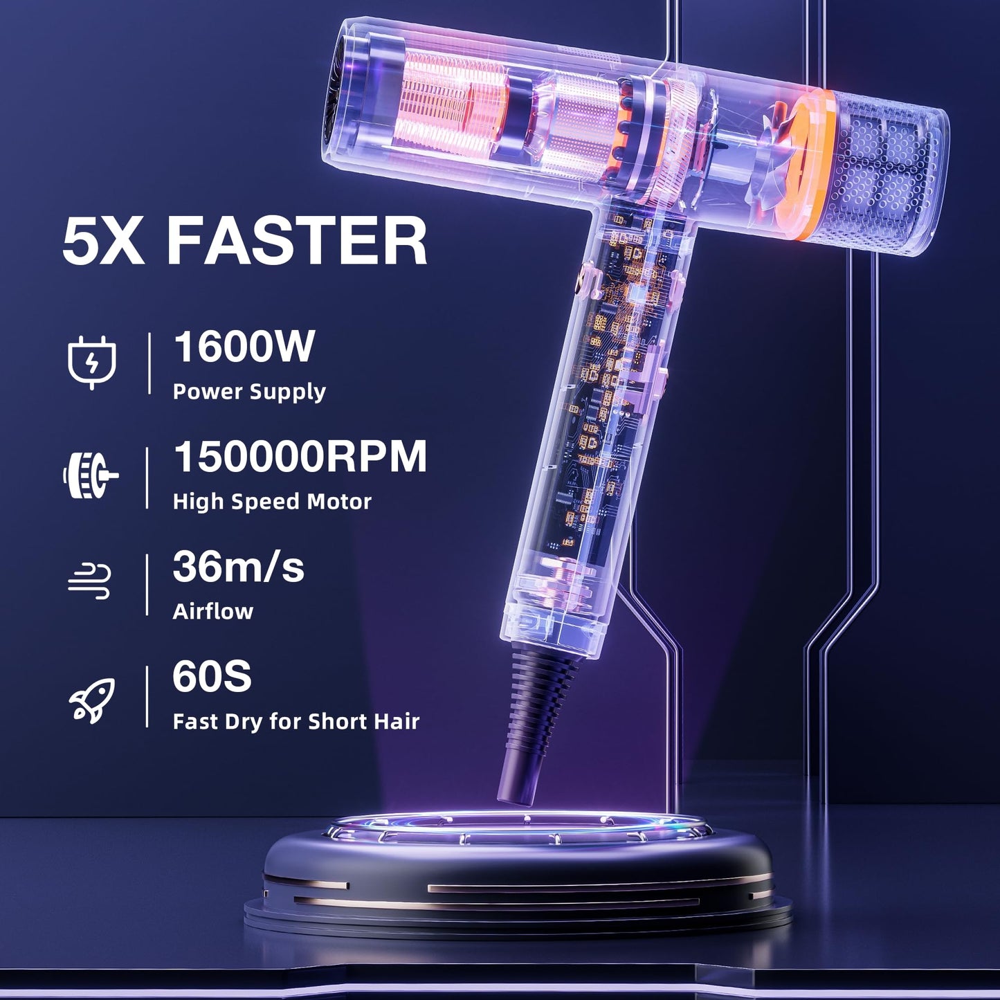 Professional Hair Dryer, High Speed Portable Ionic Hair Blow Dryer with Diffuser for Women & Men, 3 Temps/2 Speeds, 6.56 Ft Cord, Best for Straight & Wavy Hair, for Home Travel, Black