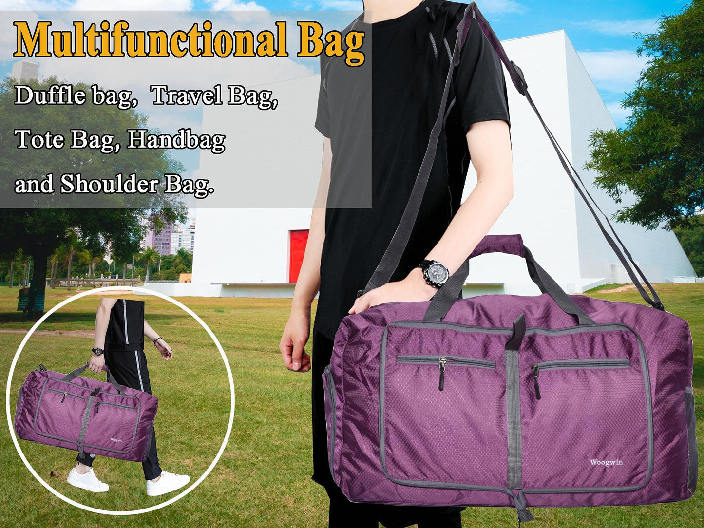 Woogwin Travel Duffel Bag Large Foldable Waterproof Overnight Bag for Beach Swim Bags Pool Sports Gym (60L Purple)