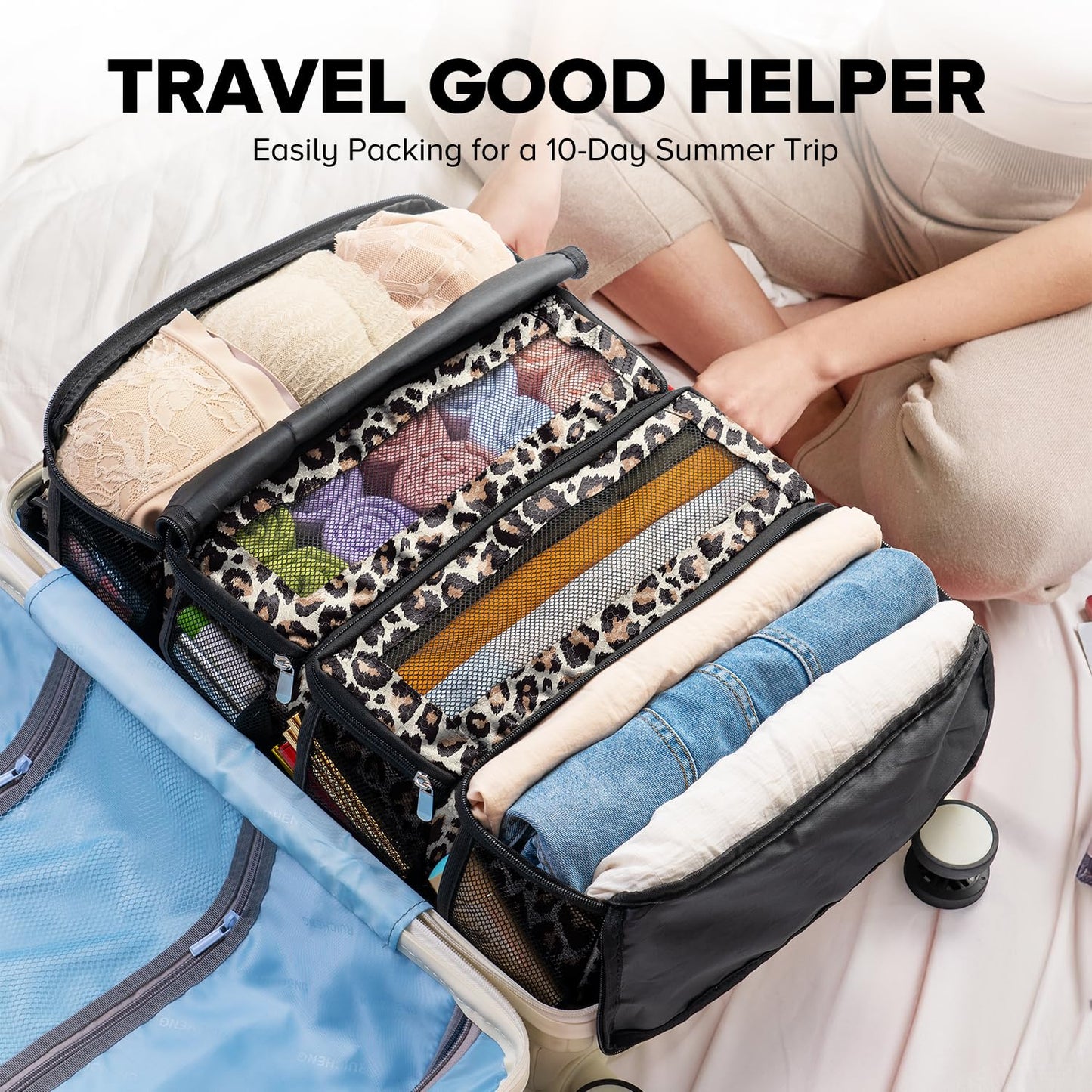 Suitcase Organizer, Travel Luggage Organizer Hanging Shelves Packing Cube Closet/Collapsible Portable Travel Organizer for Carry-on, Medium, Leopard Print