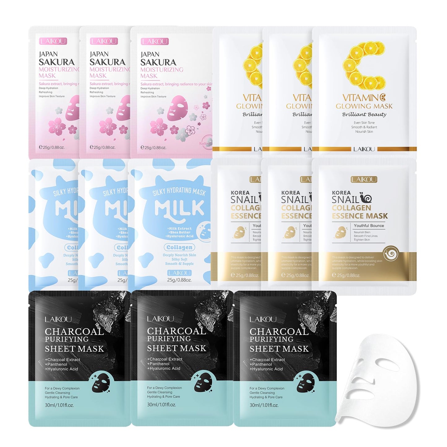 LAIKOU Face Mask, Korean Face Mask, Collagen Mask, Facial Mask for Glass Skin Hydrating, Moisturizing and Firming 25ml/30ml 15pcs