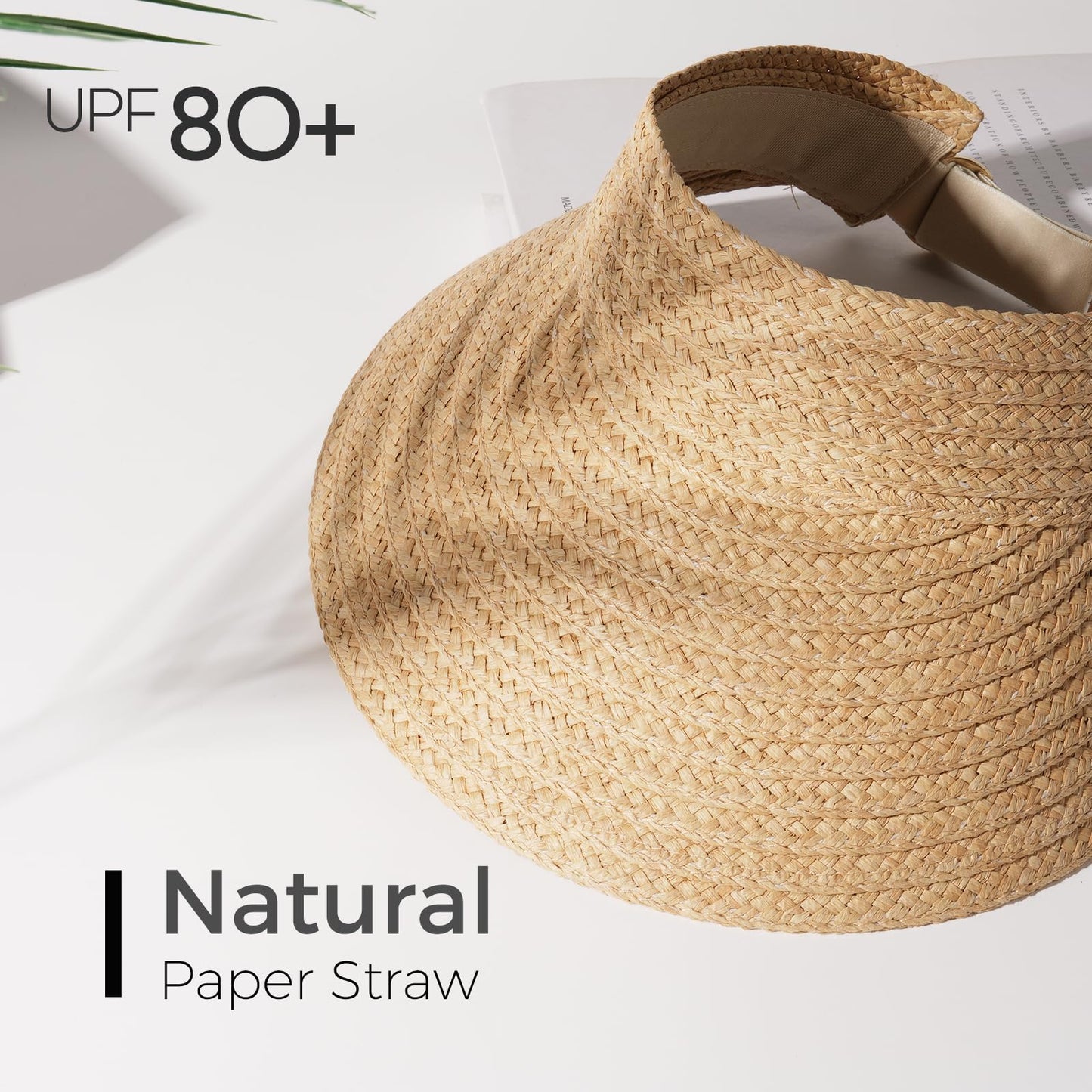 FURTALK Sun Visor Hats for Women Wide Brim Straw Visors Womens Foldable Beach Visors Summer Packable Ponytail Beach Hat Khaki