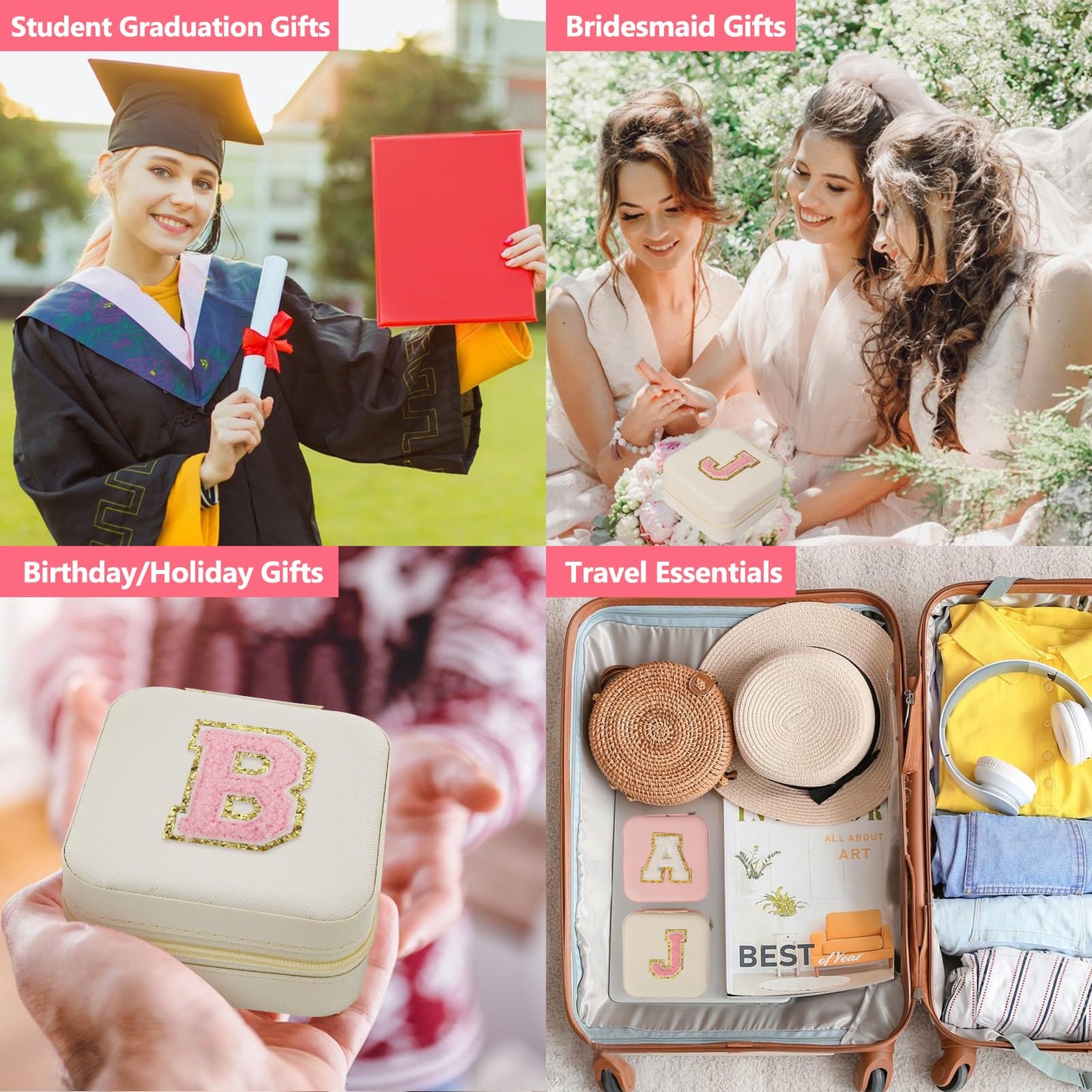 CHMI Travel Jewelry Case, White Travel Jewelry Box, Travel Jewelry Organizer, Travel Gifts for Women Girls, Jewelry Organizer Box, Birthday Gifts for Women, Christmas Gifts for Teens Girls - Initial J