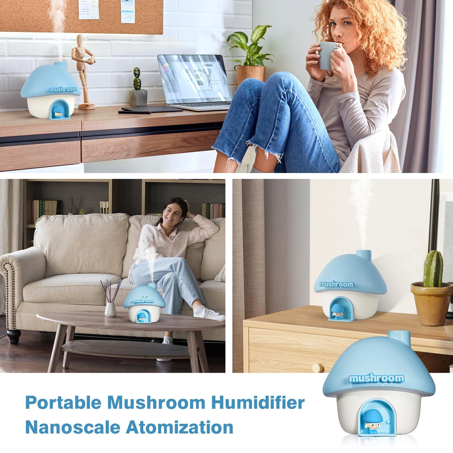 Cute Mushroom House Humidifier, 300ml Small Cool Mist Humidifers, USB Rechargeable Mini Portable Air Humidifer with Night Light for Bedroom, Office, Car, Travel, Indoor Plants (Blue)