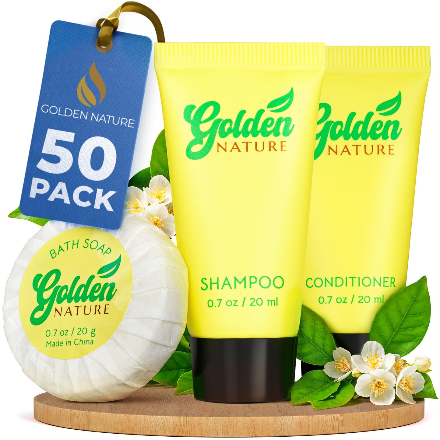 Golden Nature - Travel Size Soap, Shampoo & Conditioner Set - Jasmine, 0.7 oz each, 150 Pcs - 3-Piece Kit: 50 Round Bar Soap, 50 Shampoo & 50 Conditioner - Bulk Small Size Luxury Toiletries