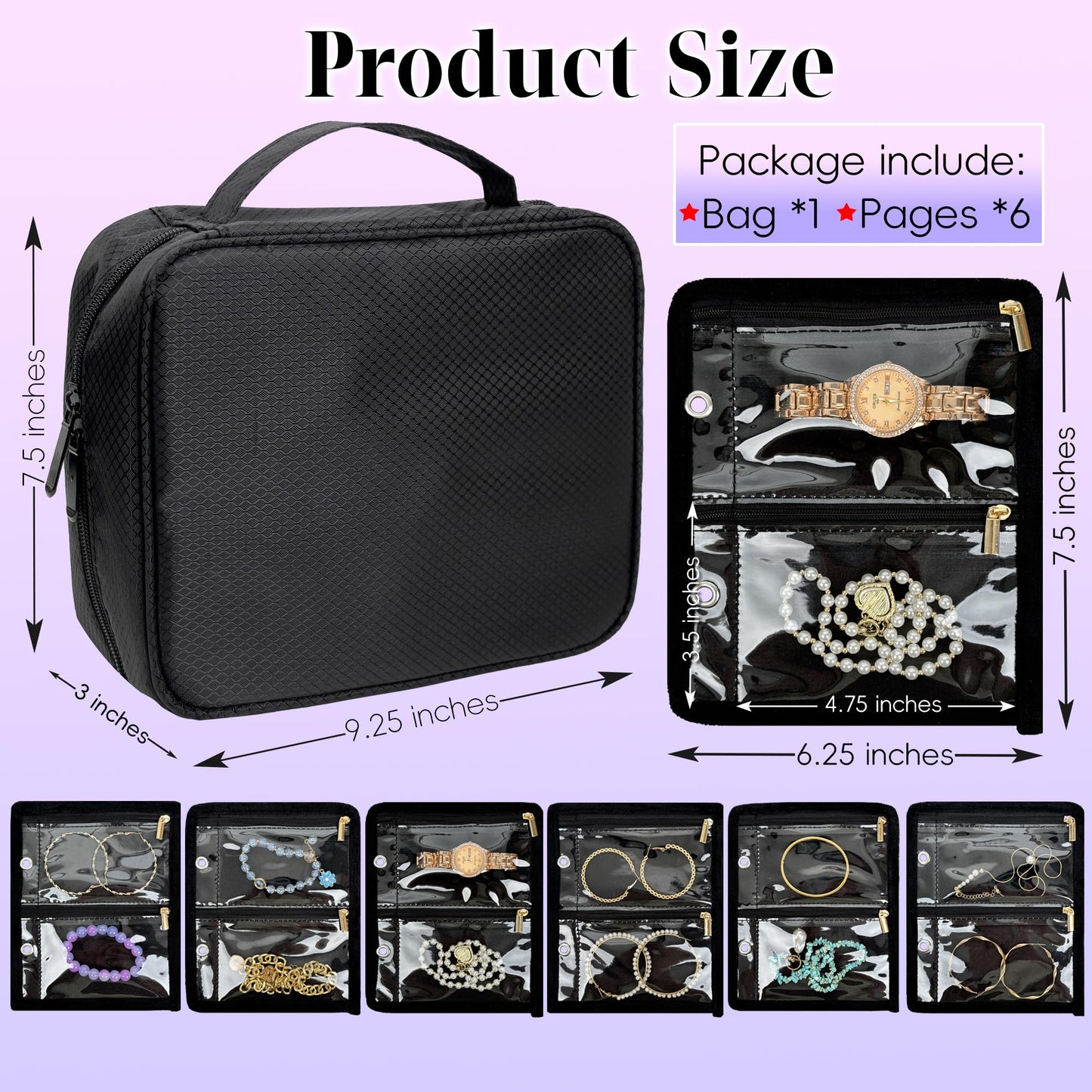LingLingo Travel Jewelry Organizer Case,Jewelry Bags for Traveling, Jewelry Binder with 24 Pcs Clear Zipper Velvet Pouches for Storing Earrings, Rings, Necklace, Bracelet, Watch (Black)