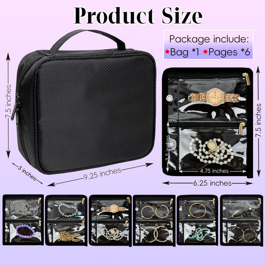 LingLingo Travel Jewelry Organizer Case,Jewelry Bags for Traveling, Jewelry Binder with 24 Pcs Clear Zipper Velvet Pouches for Storing Earrings, Rings, Necklace, Bracelet, Watch (Black)