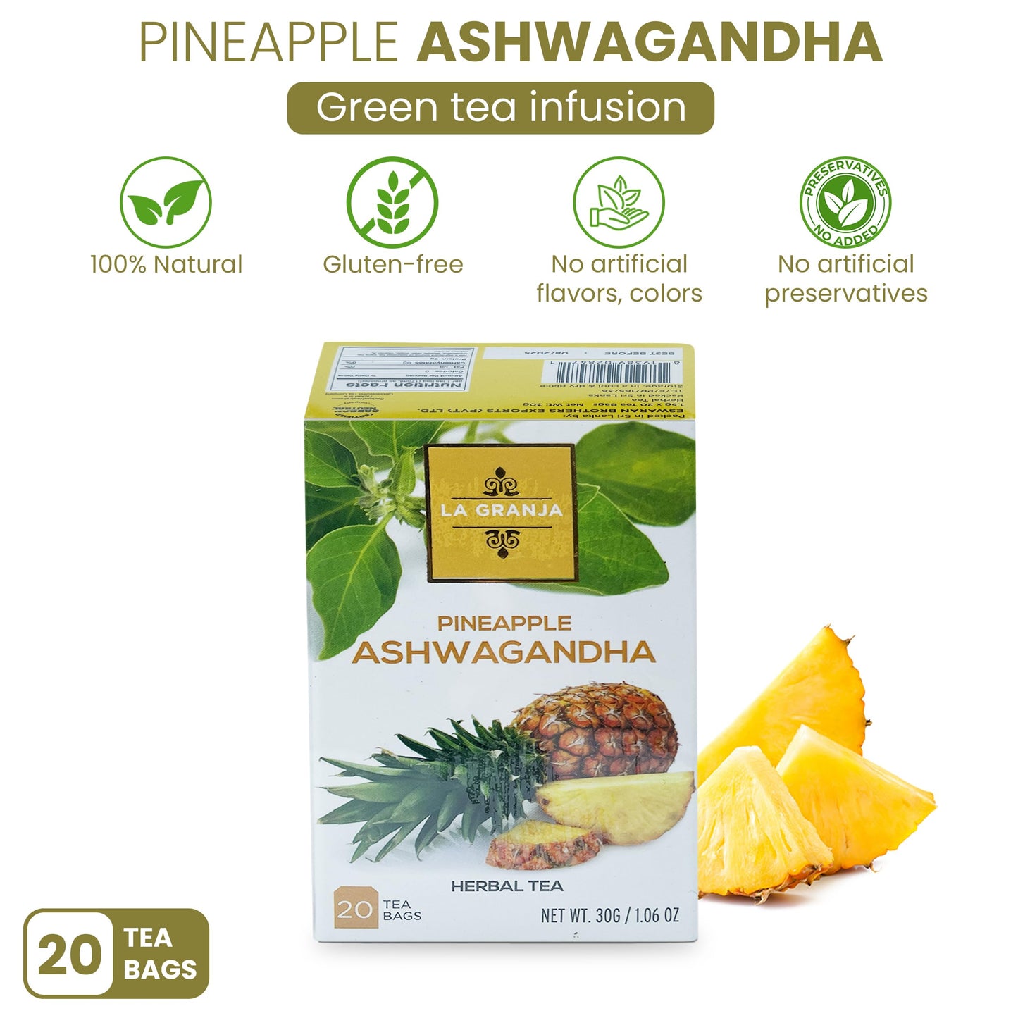 Premium 3 Flavor Herbal Tea Gift Set Variety Sampler 60 Bags Turmeric Ginger, Coconut Honey Turmeric, Pineapple Ashwagandha Sugar Free Zero Calories