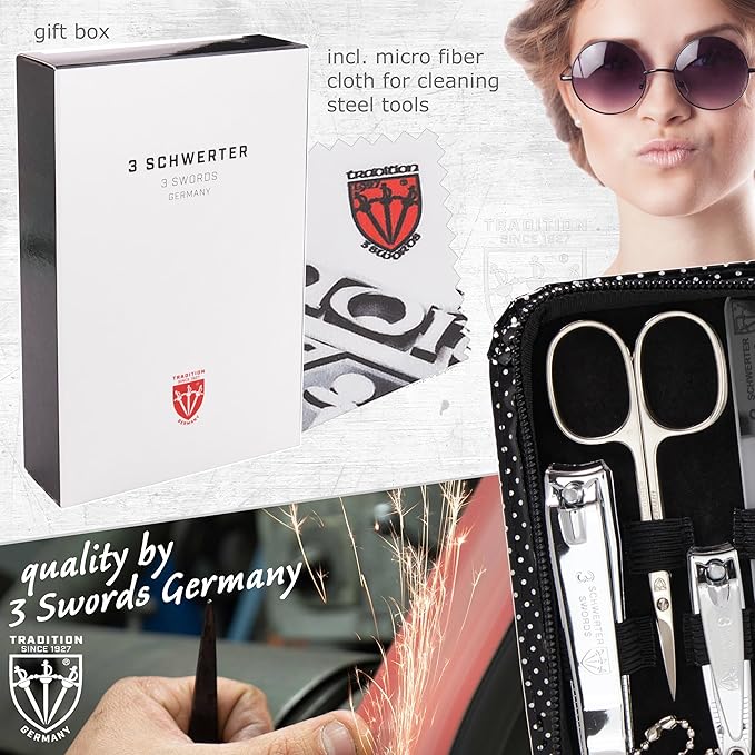 3 Swords Germany - brand quality 8 piece manicure pedicure grooming kit set synthetic leather case black silver spots - Made in Germany