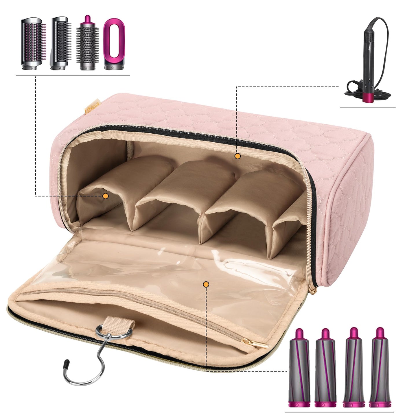 Yarwo Airwrap Travel Case Compatible for Dyson Airwrap Complete Styler All Models and Attachments, Portable Storage Bag with Hanging Hook for Hair Curler Accessories, Pale Mauve (Patent Design)