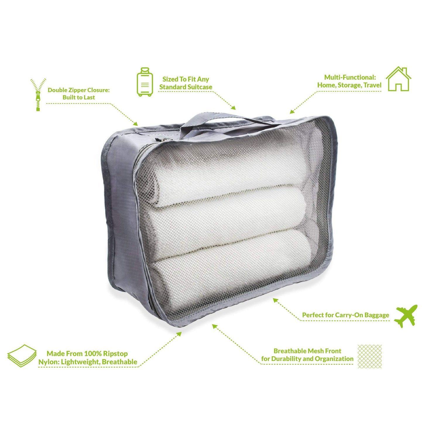 Rolling Nomad Medium Multi-Purpose Packing Cubes, Travel Accessory, Essentials, Suitcase, Cloth, Expandable Mesh, Sheet Compression Bags, 4 Pack, Grey