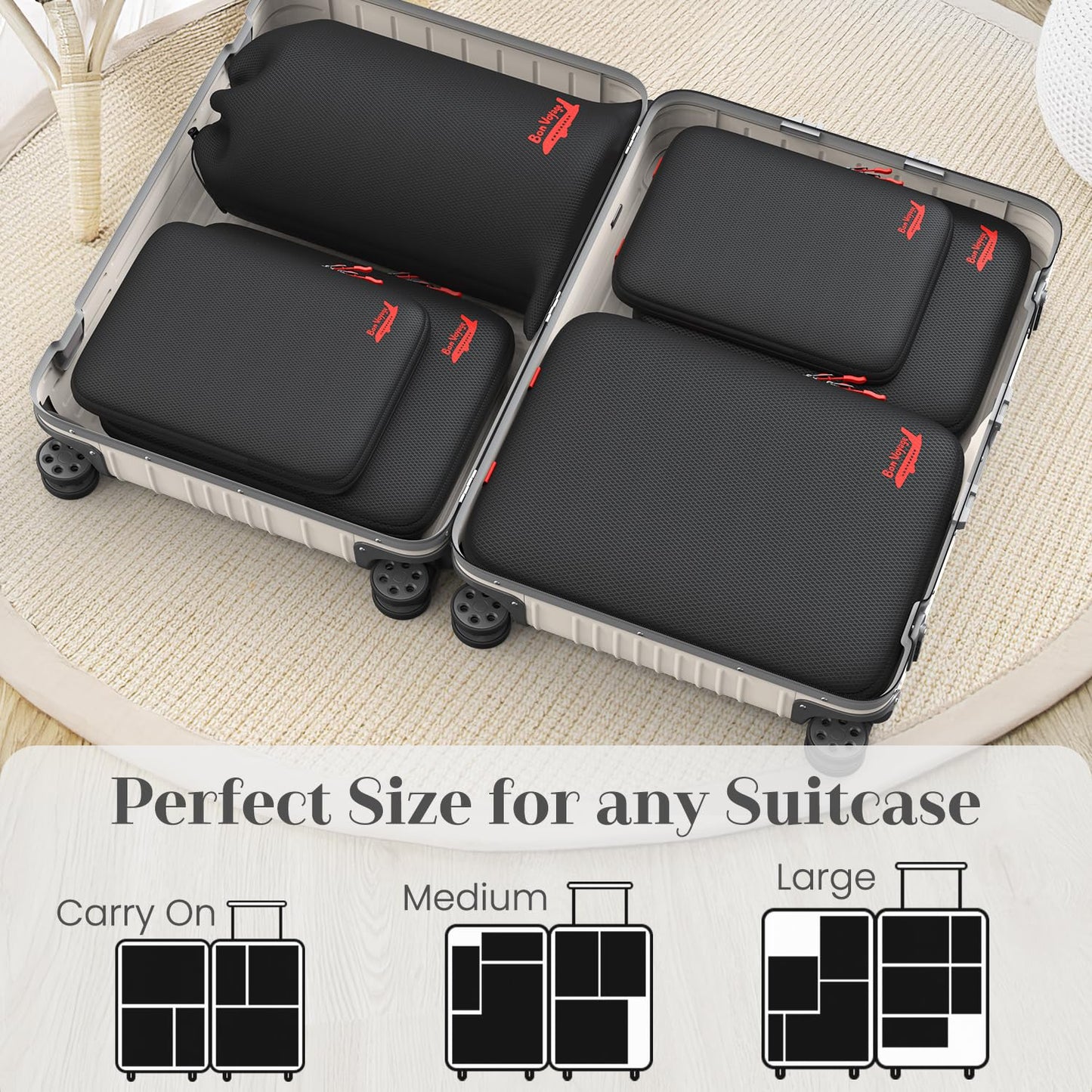 Percover 6 Set Compression Packing Cubes for Travel, 3 Sizes (5+1) for Carry-On Travel, Waterproof Compression Packing Cubes Set with Laundry Bag & Luggage Organizer (Black)