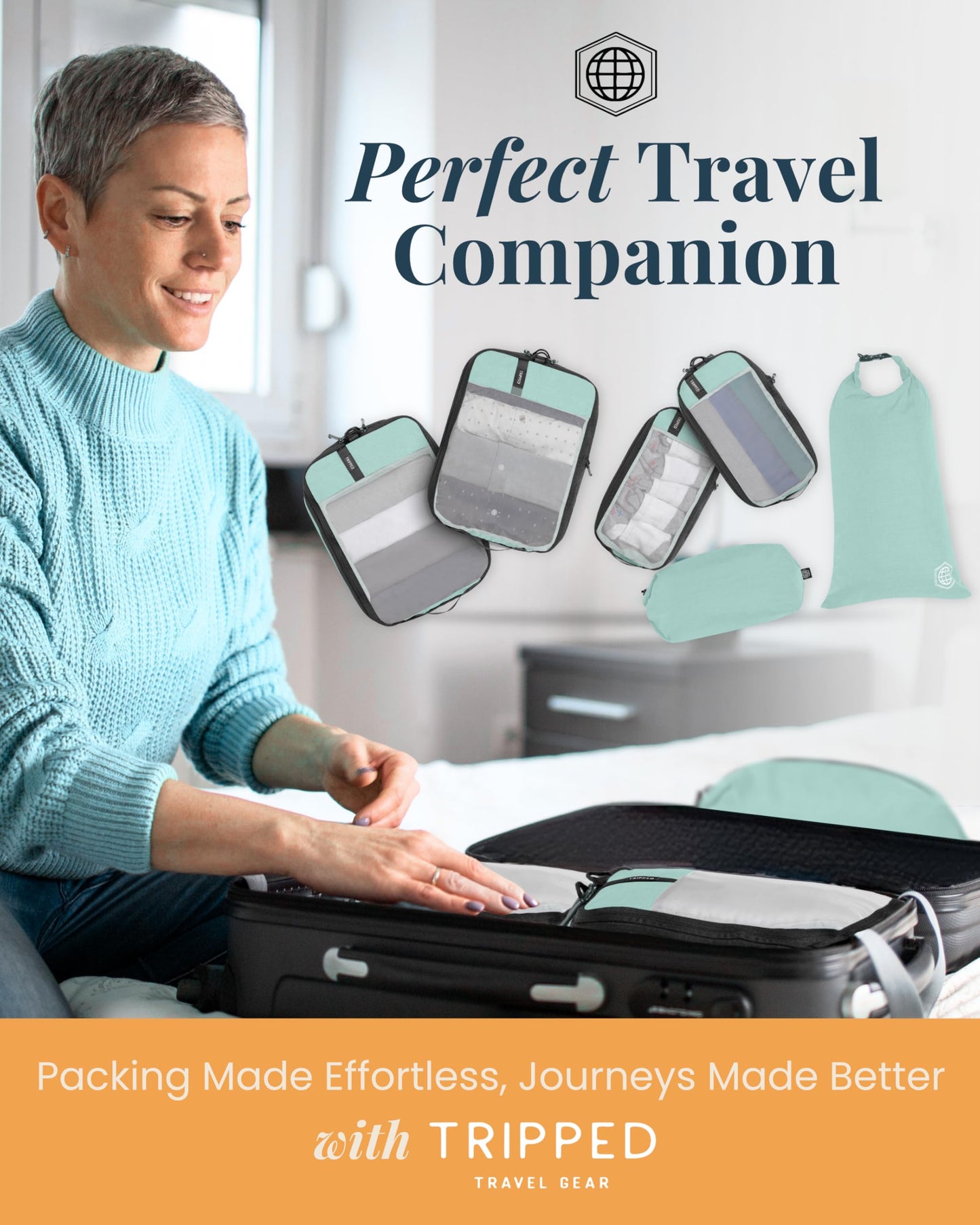 Premium Compression Packing Cubes for Travel, Compression Packaging Cube, Zip Bags Premium 6-Piece Set with laundry bag and shoe bag by TRIPPED Travel Gear (Dusty Teal Mesh)