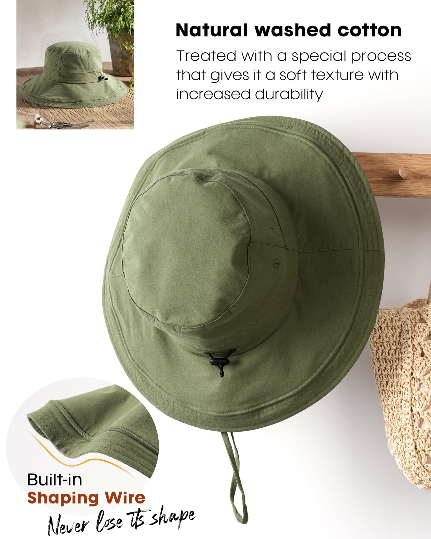 Sun Hats for Women Gardening Hat Wide Brim Ponytail Beach Sun Protection Breathable Cotton Summer Hat with Fold-Up Brim Green