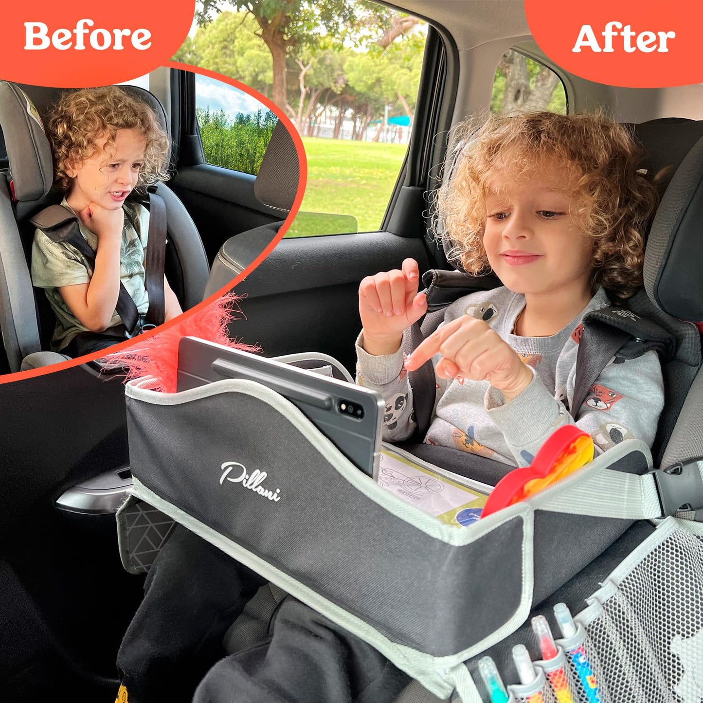 PILLANI Kids Travel Tray for Car - Car Seat Tray for Kids Travel, Car Trays for Kids Roadtrip Essentials, Carseat Table Tray for Kids Road Trip Activities - Toddler Lap Desk Organizer for Airplane