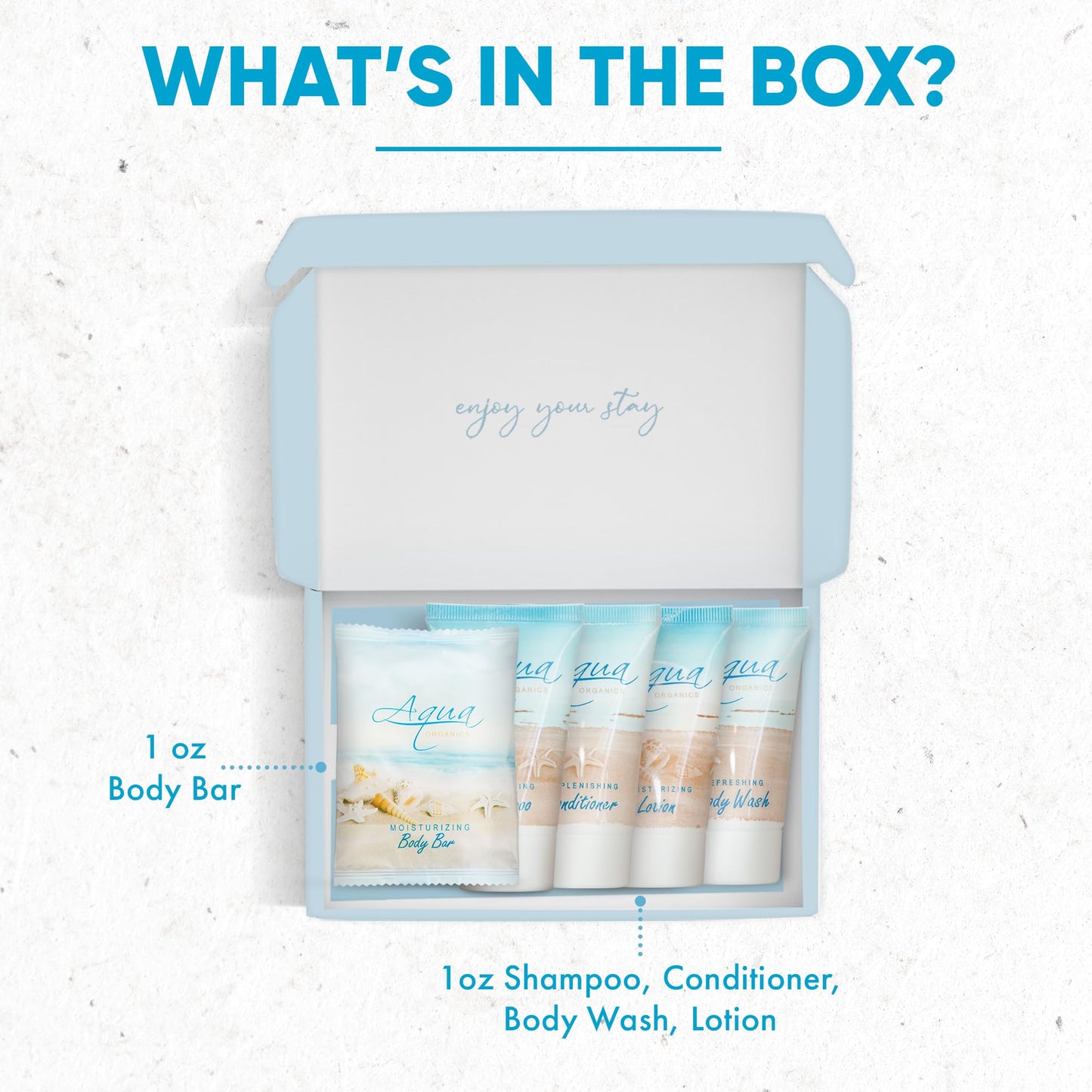 1-Shoppe Aqua Organics Amenity Kit | Boxed Hotel Toiletries Bulk Set | 1 oz Shampoo, Conditioner, Lotion, Body Wash & Bar Soap | 5 piece set