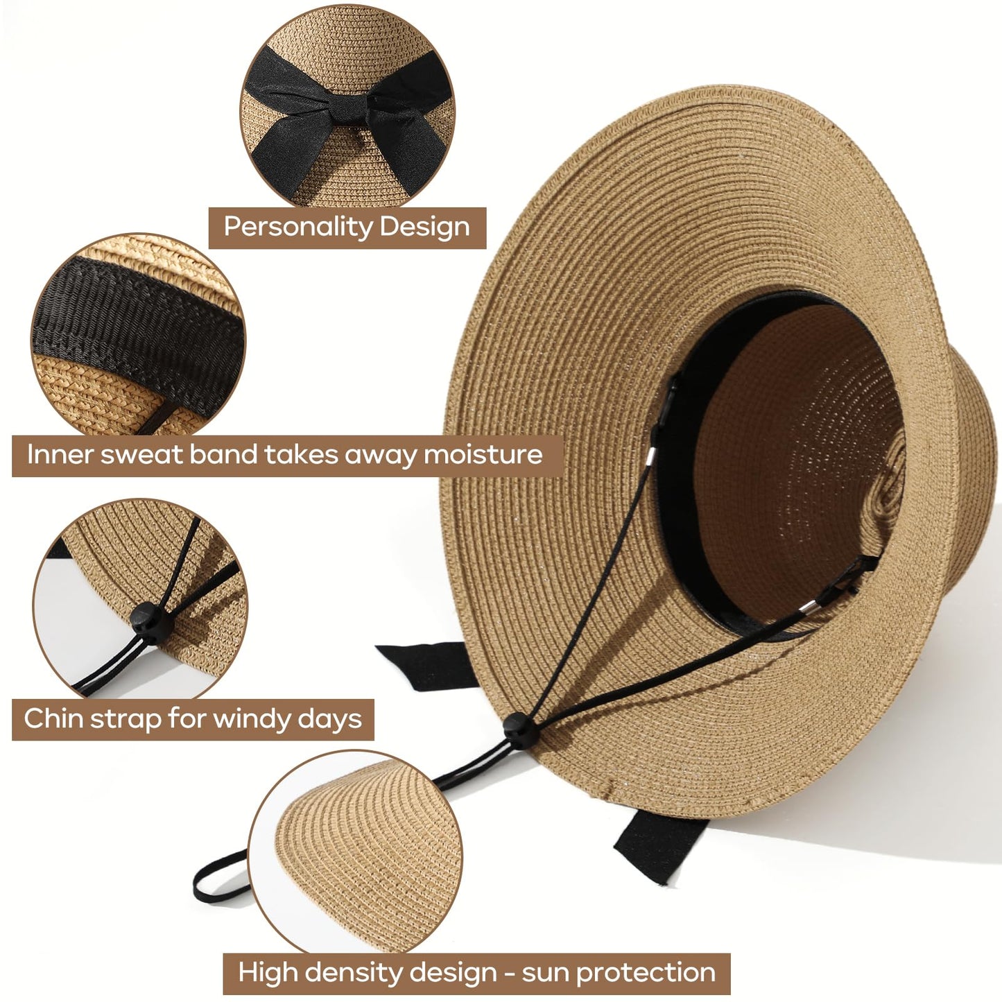 Sun Beach Hats for Women, Wide Brim Womens Straw Hat with Chin Strap, Foldable Beach Hats UV Protection