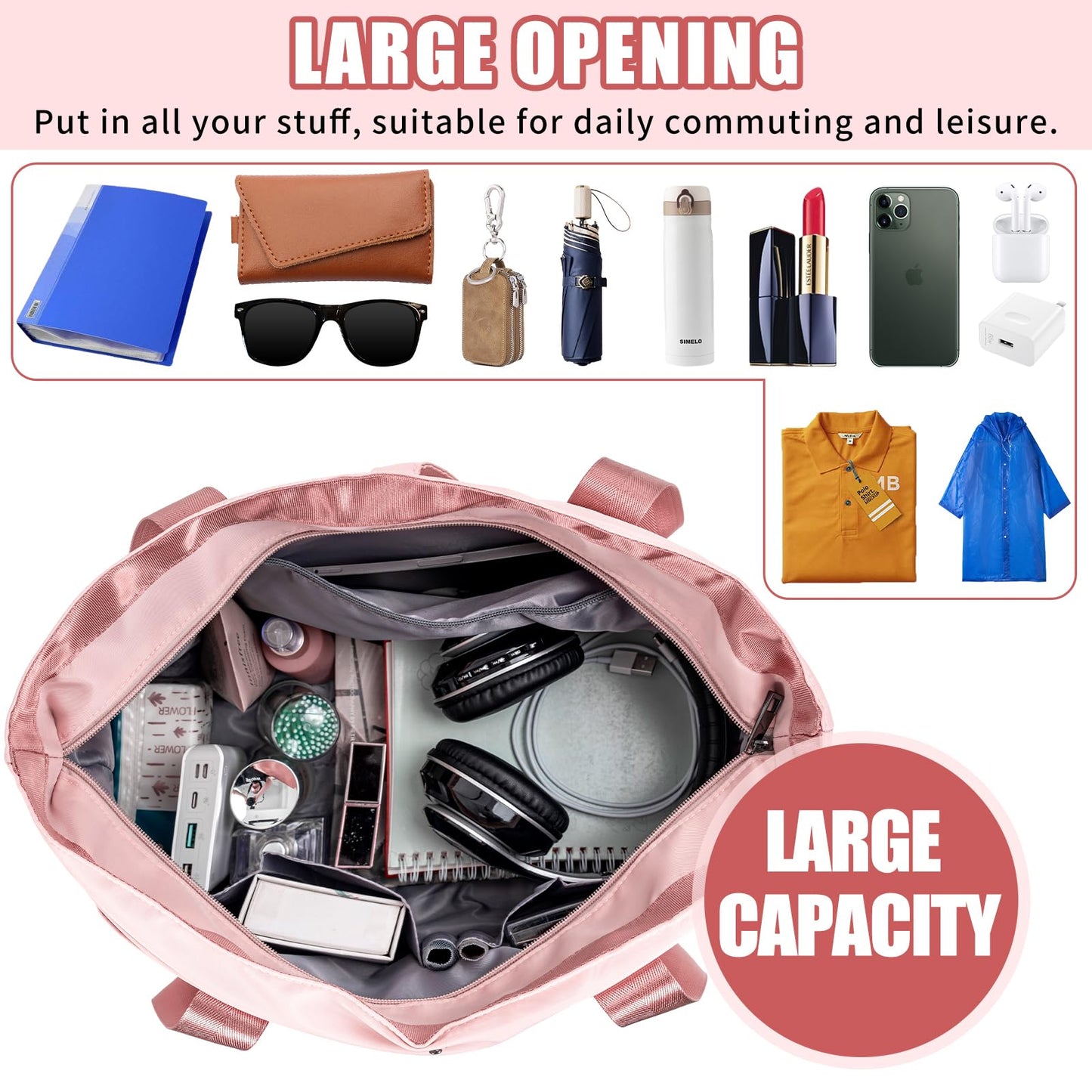 Large Tote Bag for Women with Multiple Pockets, Water Resistant Foldable Tote Bag Utility Tote, Lightweight Shoulder Bag Handbag for Travel, Work, Pink